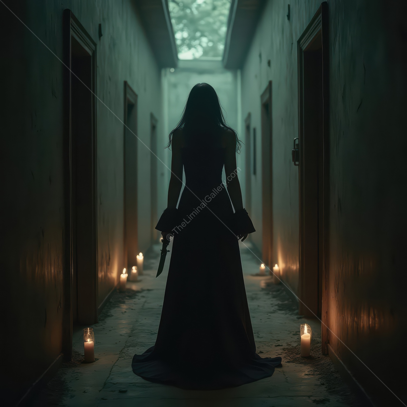 Mysterious figure in a dimly lit corridor surrounded by flickering candles