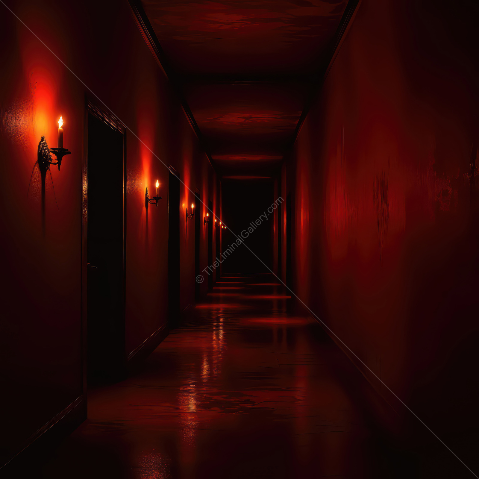 Mysterious hallway illuminated by flickering candlelight creates a dark, eerie atmosphere at night
