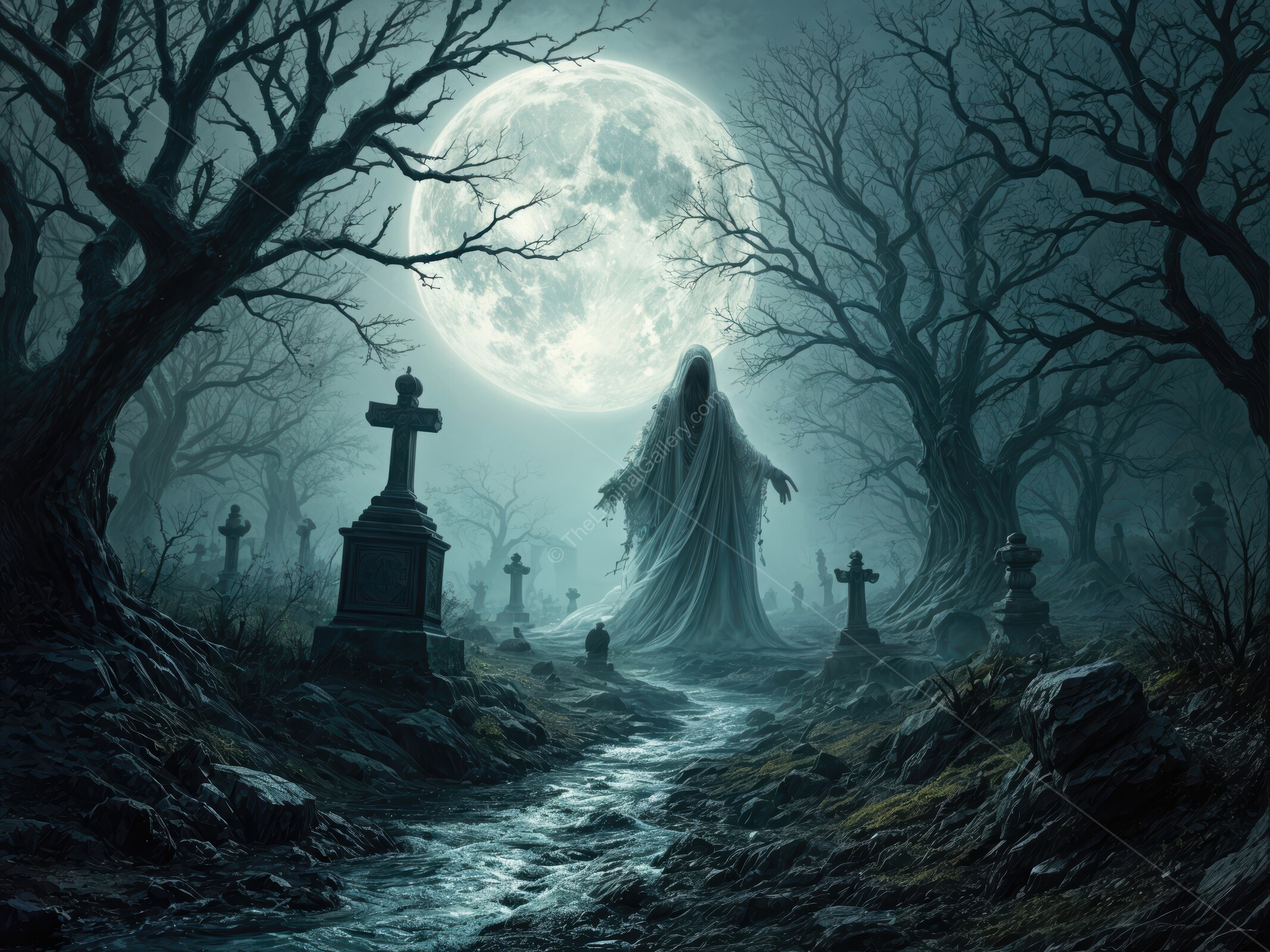 Chilling apparition haunts the moonlit graveyard beneath twisted trees and spectral light