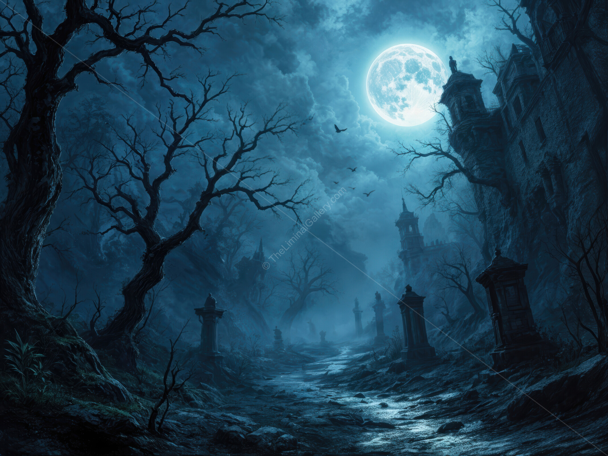 Chilling echoes in a haunted landscape beneath a full moon's eerie glow
