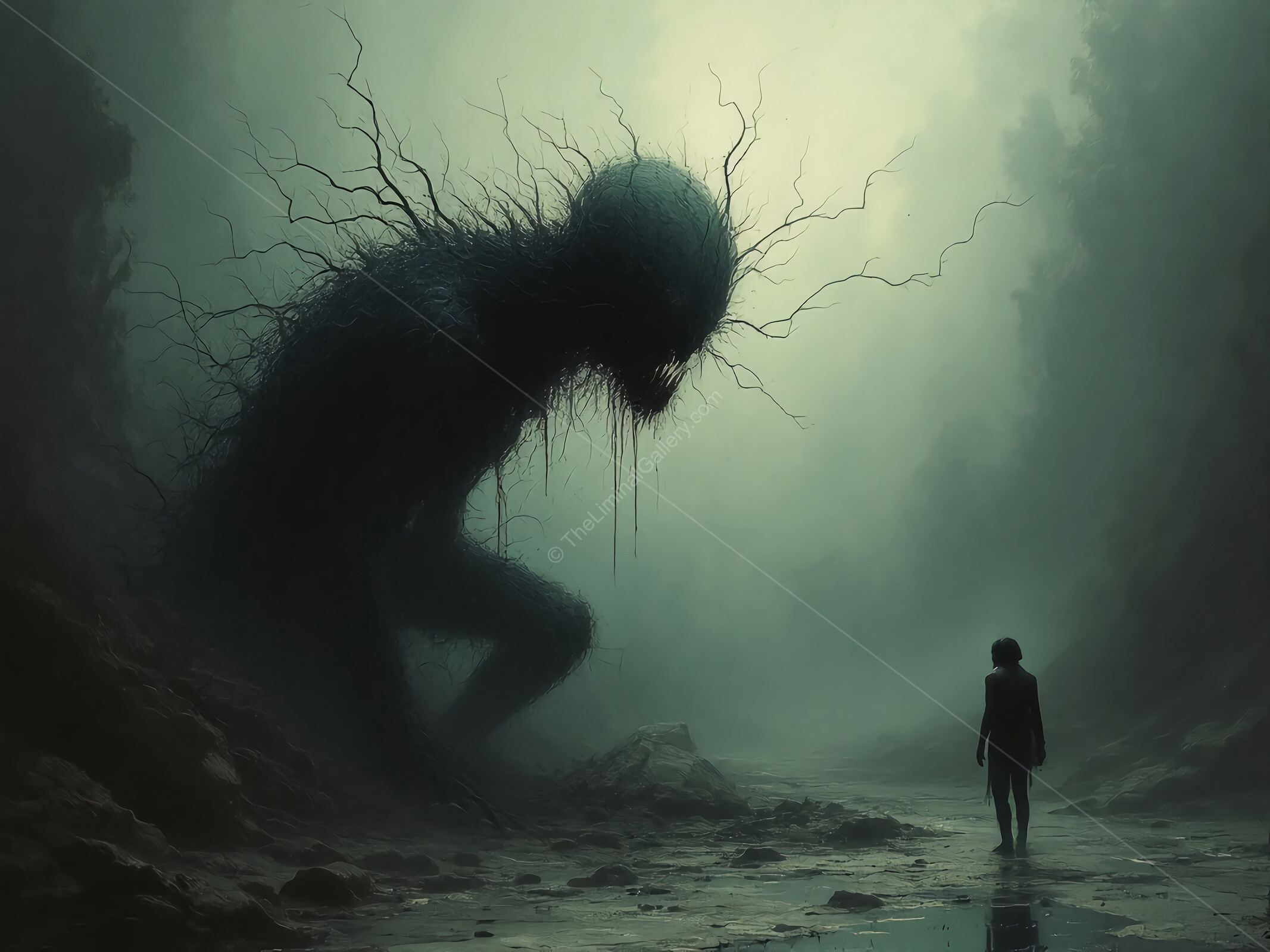 Chilling encounter in a desolate canyon with a dark, looming creature at dusk