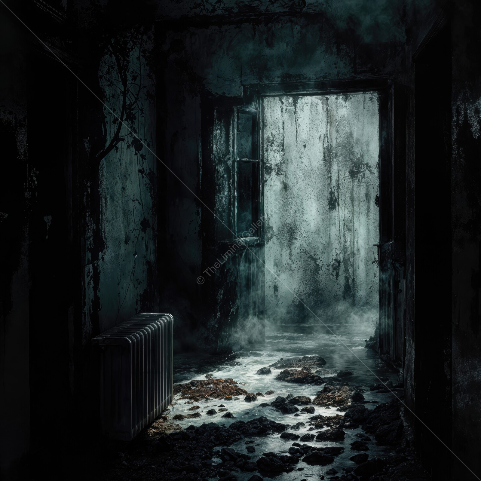 Chilling silence fills a derelict room shrouded in mystery and unease during an eerie twilight hour