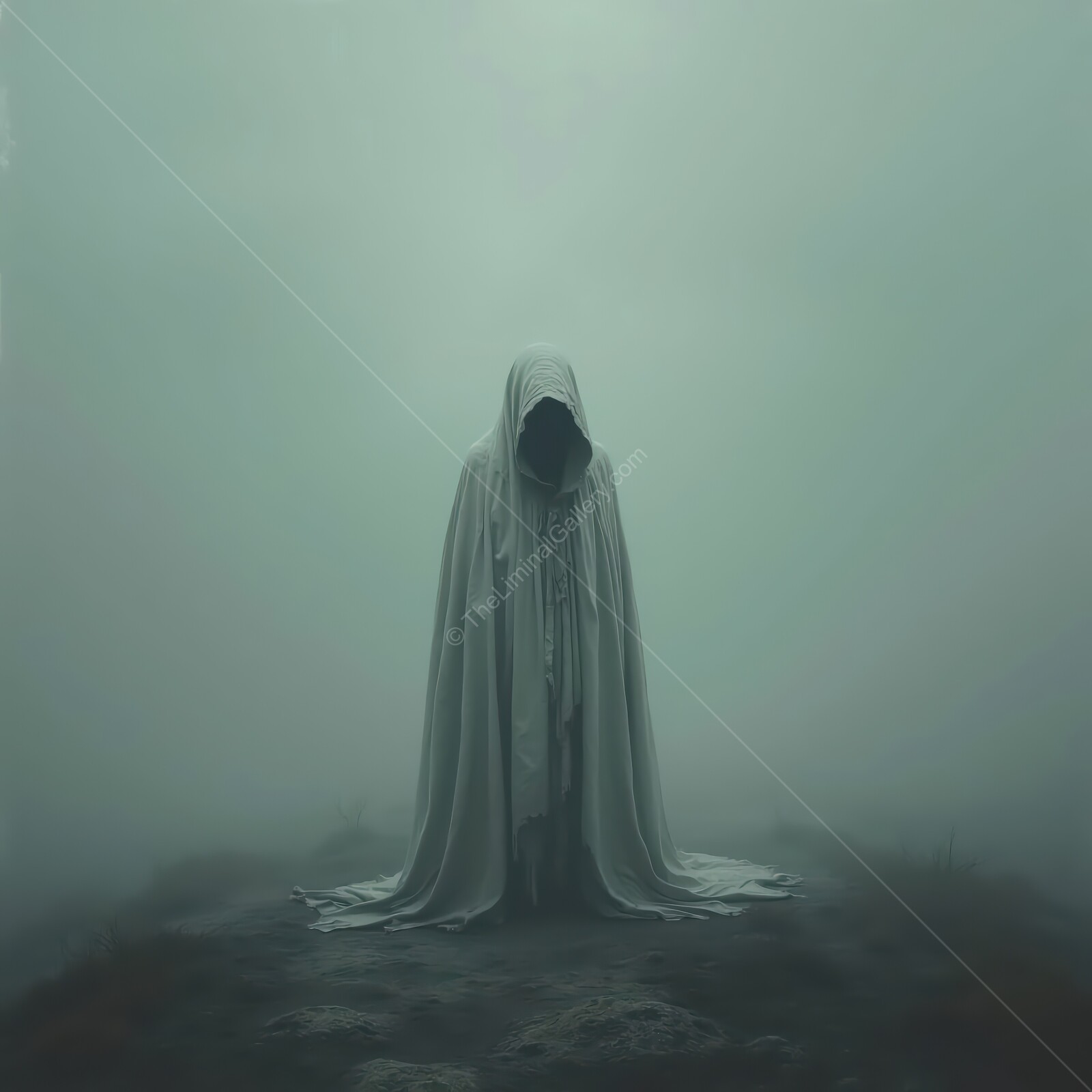 Cloaked figure stands eerily still in the thick mist of an abandoned landscape under a haunting twilight sky