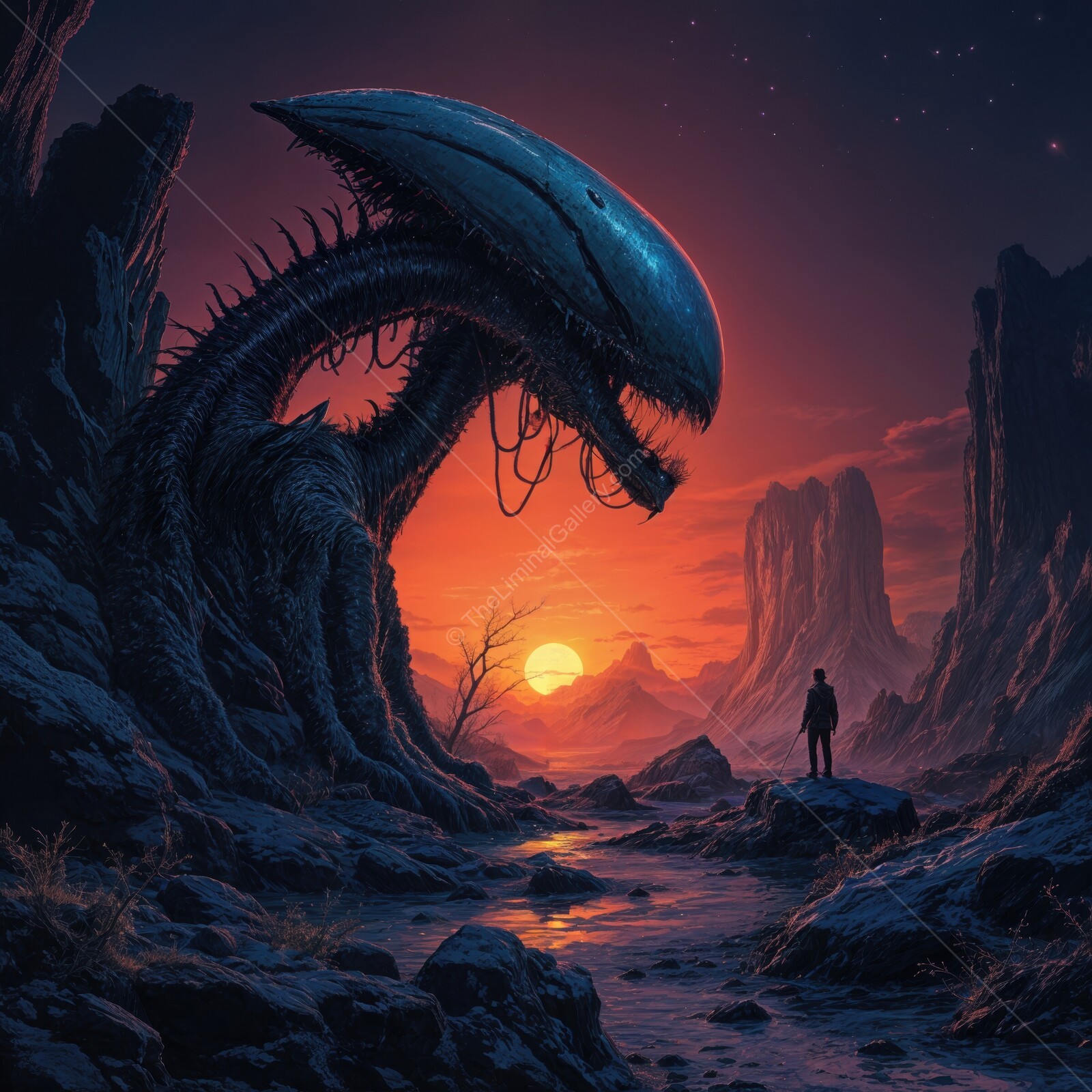 Eerie encounter with a colossal dead alien in a surreal twilight landscape filled with dread