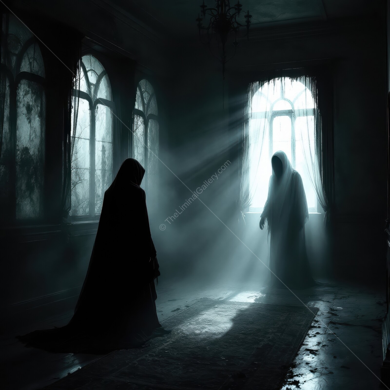 Confrontation in the shadowy realms of forgotten halls at the witching hour
