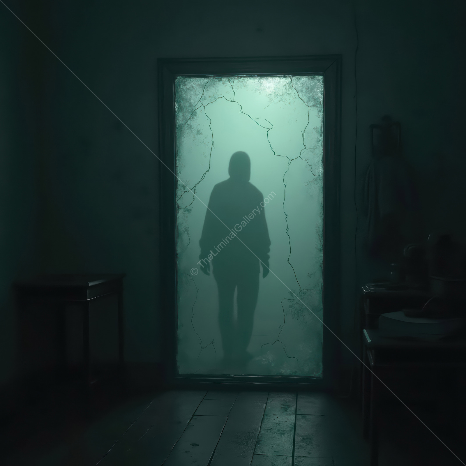Mysterious figure stands at a cracked doorway, shrouded in fog, creating an eerie atmosphere in a dimly lit room