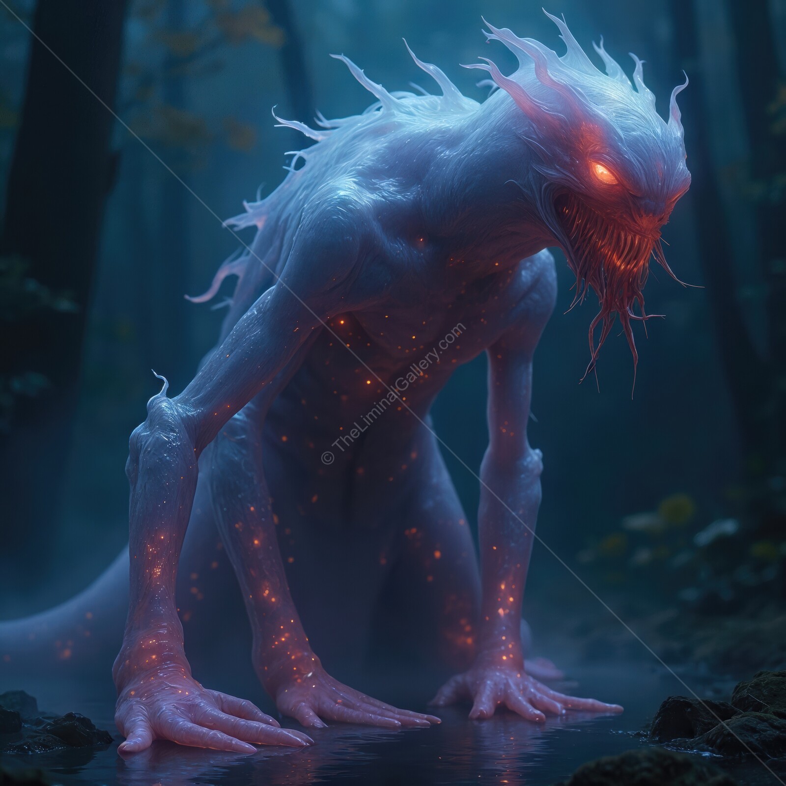 Dark creature lurks in foggy forest, emanating an eerie glow and unsettling presence at twilight