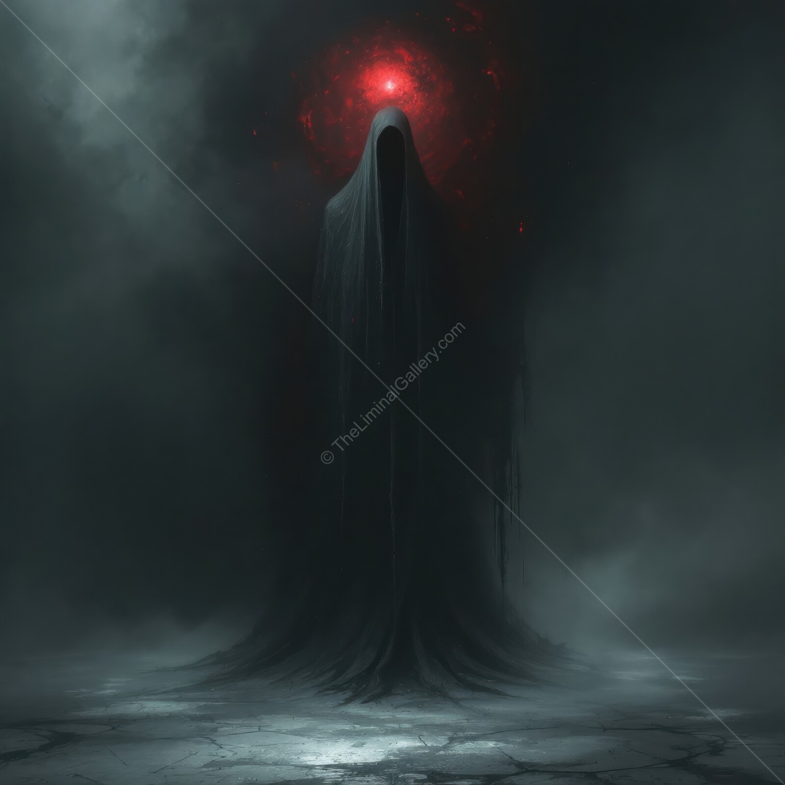 Dark figure shrouded in mystery emerges from fog in an eerie liminal space at twilight