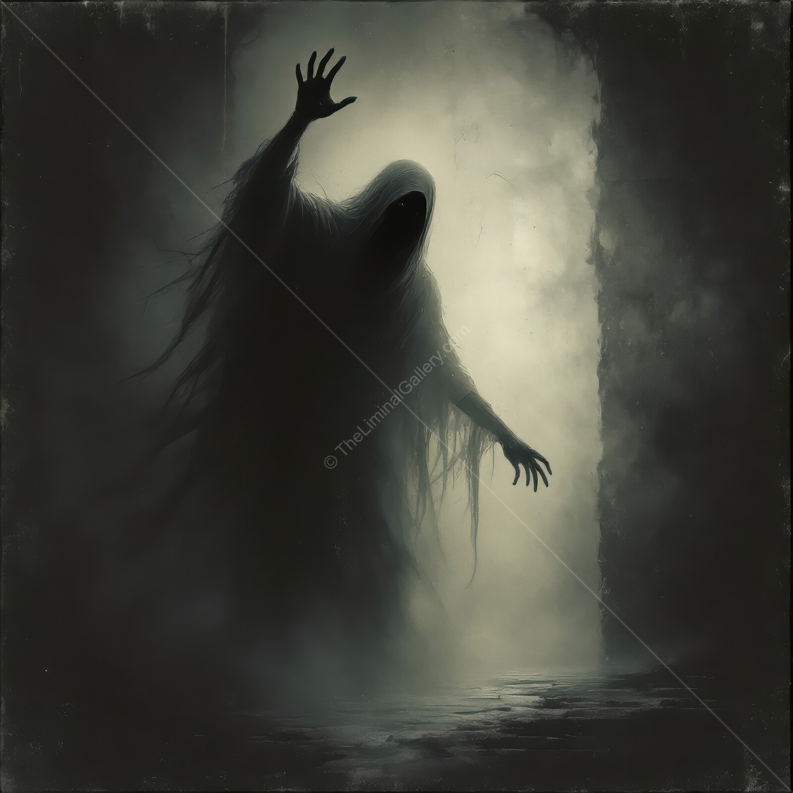 Dark figure lurks in the mist, embodying the essence of liminal horror within an eerie space