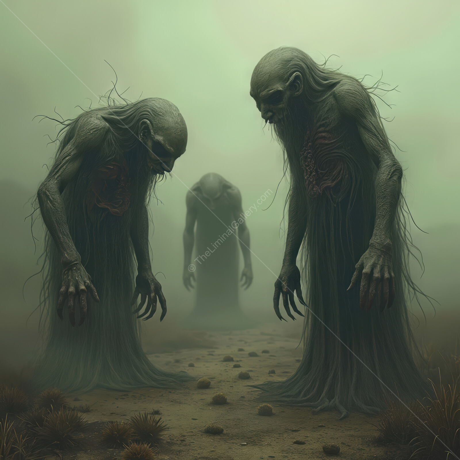 Dark figures roam a desolate landscape shrouded in eerie fog at twilight, evoking a sense of unsettling dread