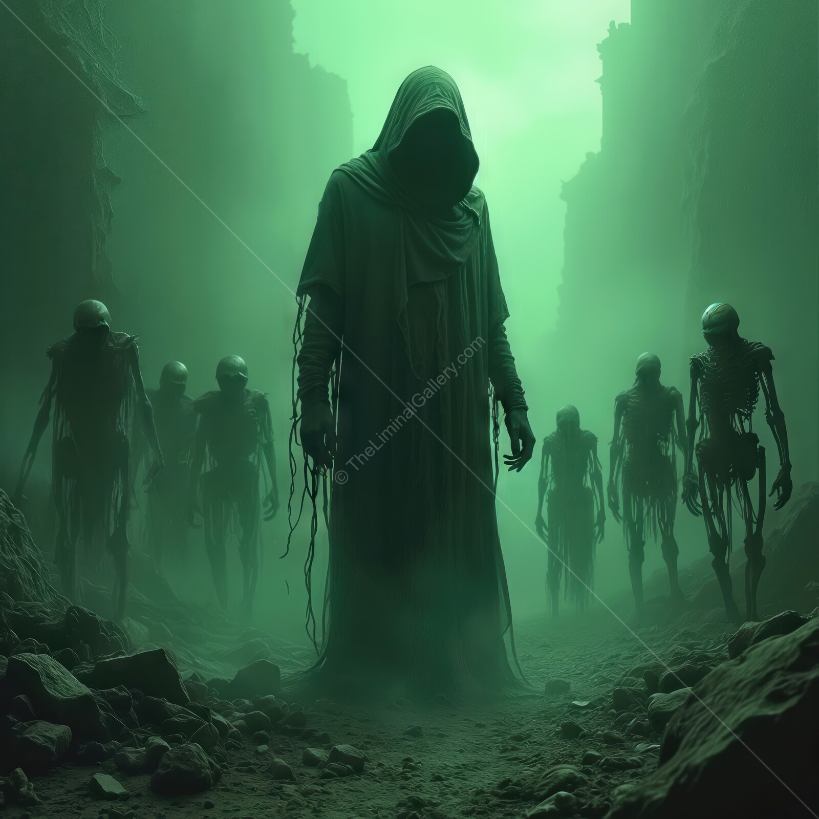 Dark skeletons and necromancer emerge from the fog in a haunting liminal space filled with dread and mystery