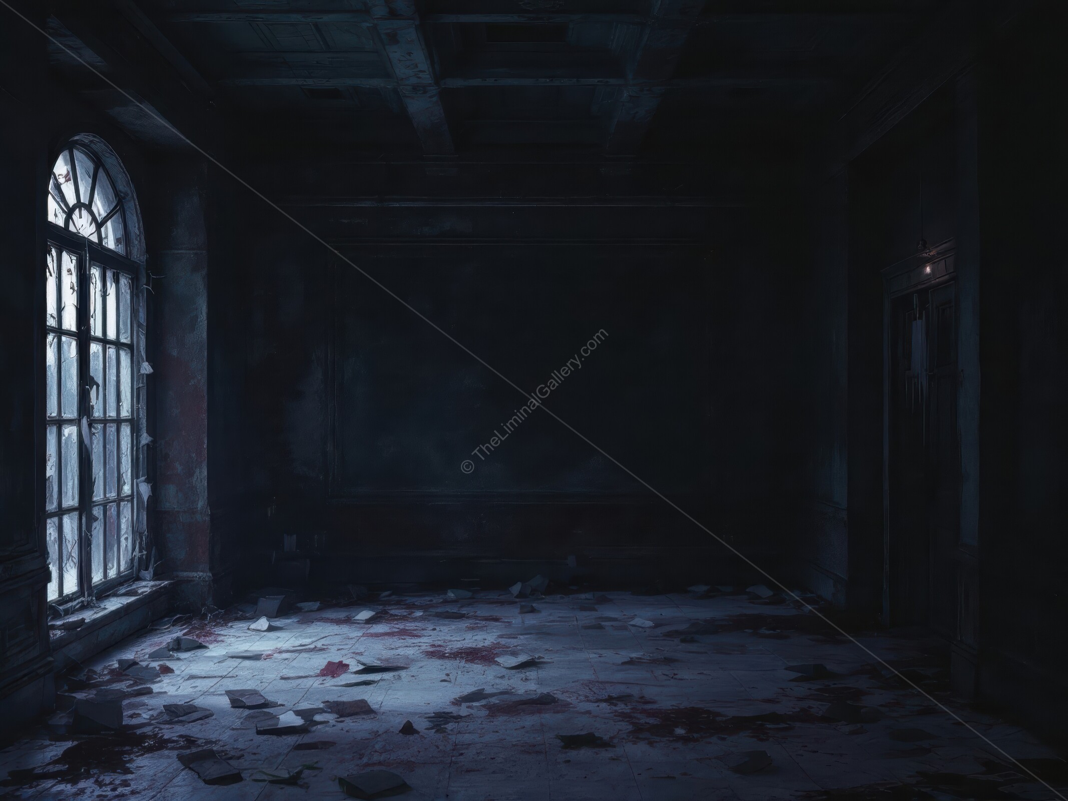 Darkness envelops a forgotten room filled with echoes of despair and remnants of lost souls in an abandoned building