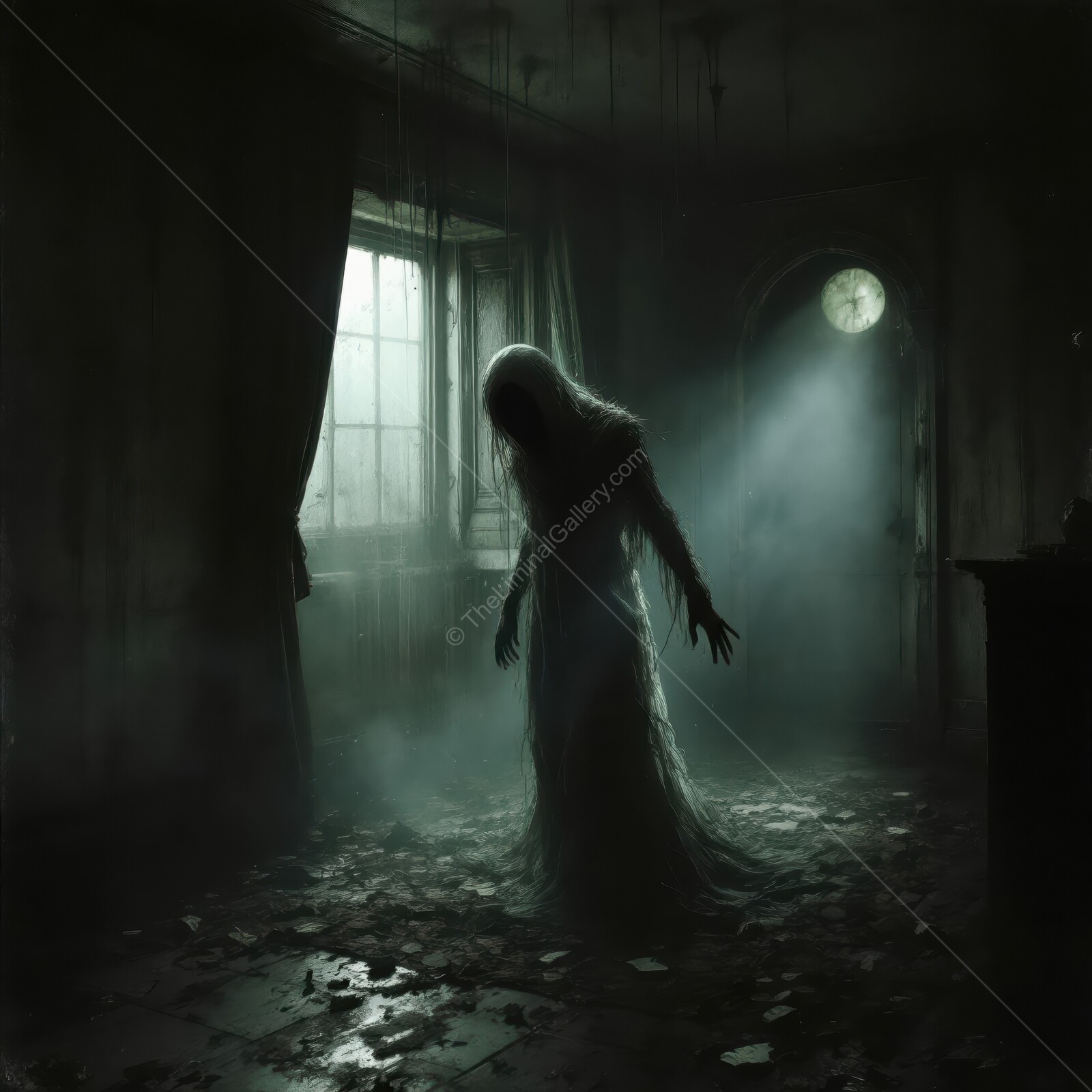 Darkness engulfs a ghostly figure in a forgotten room at midnight, revealing eerie shadows