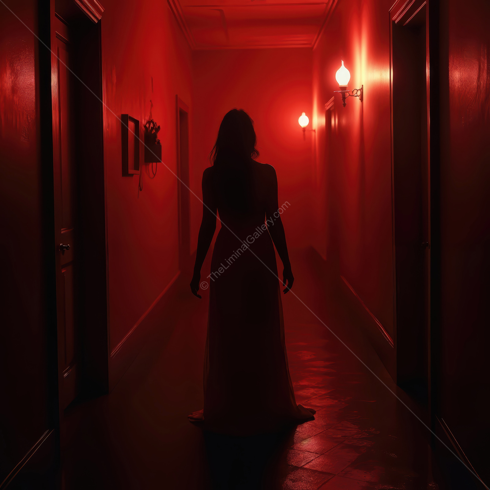 Mysterious figure in a dimly lit red corridor evokes suspense and intrigue at night