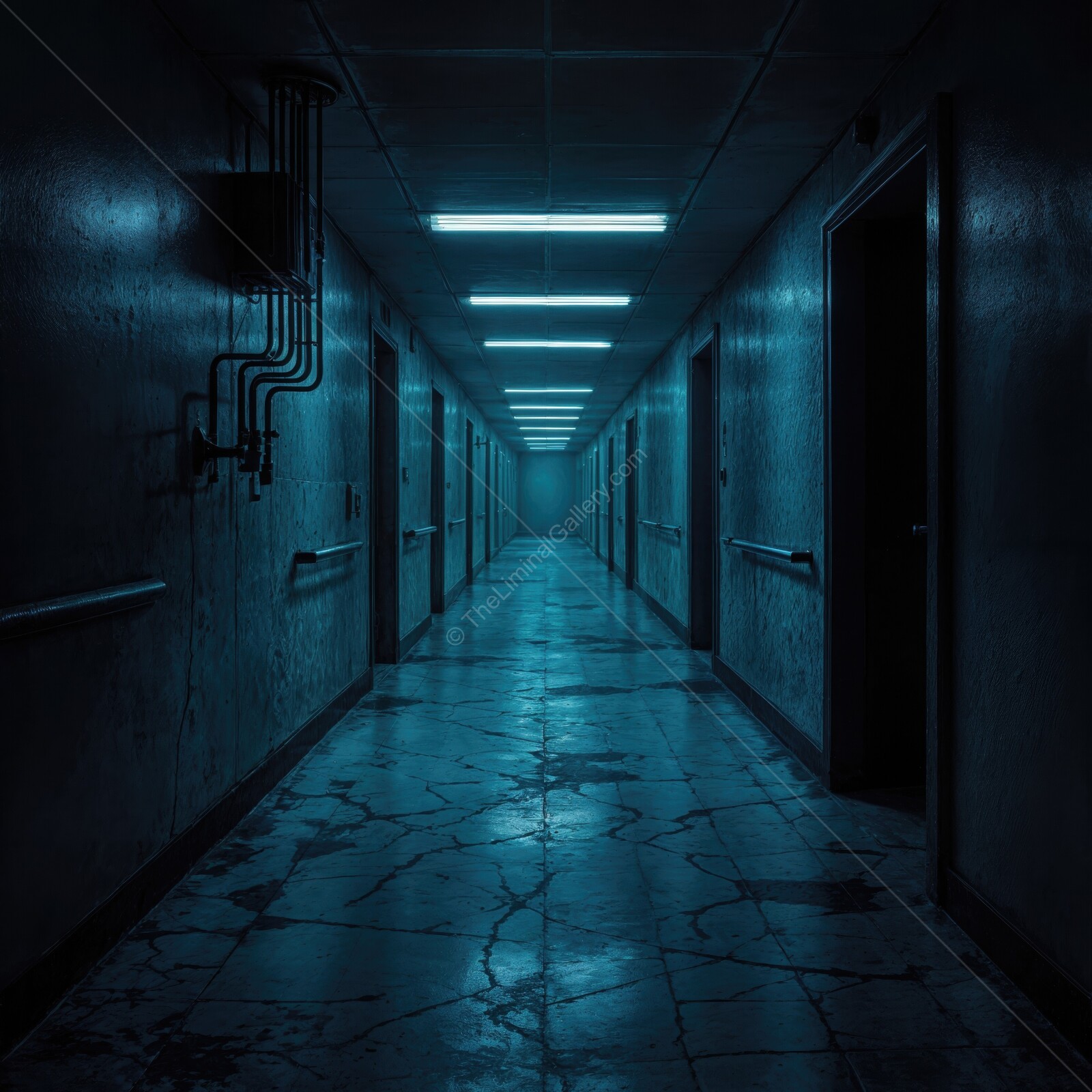 Dimly lit corridor evokes unease in a deserted building during late night hours