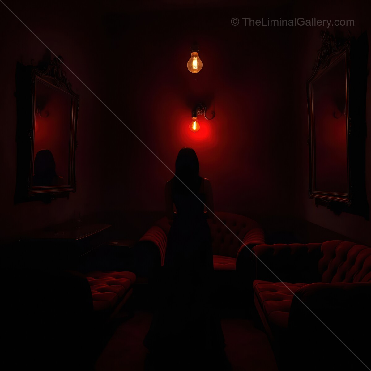 Mysterious silhouette in a dimly lit red room with vintage furniture and haunting ambiance