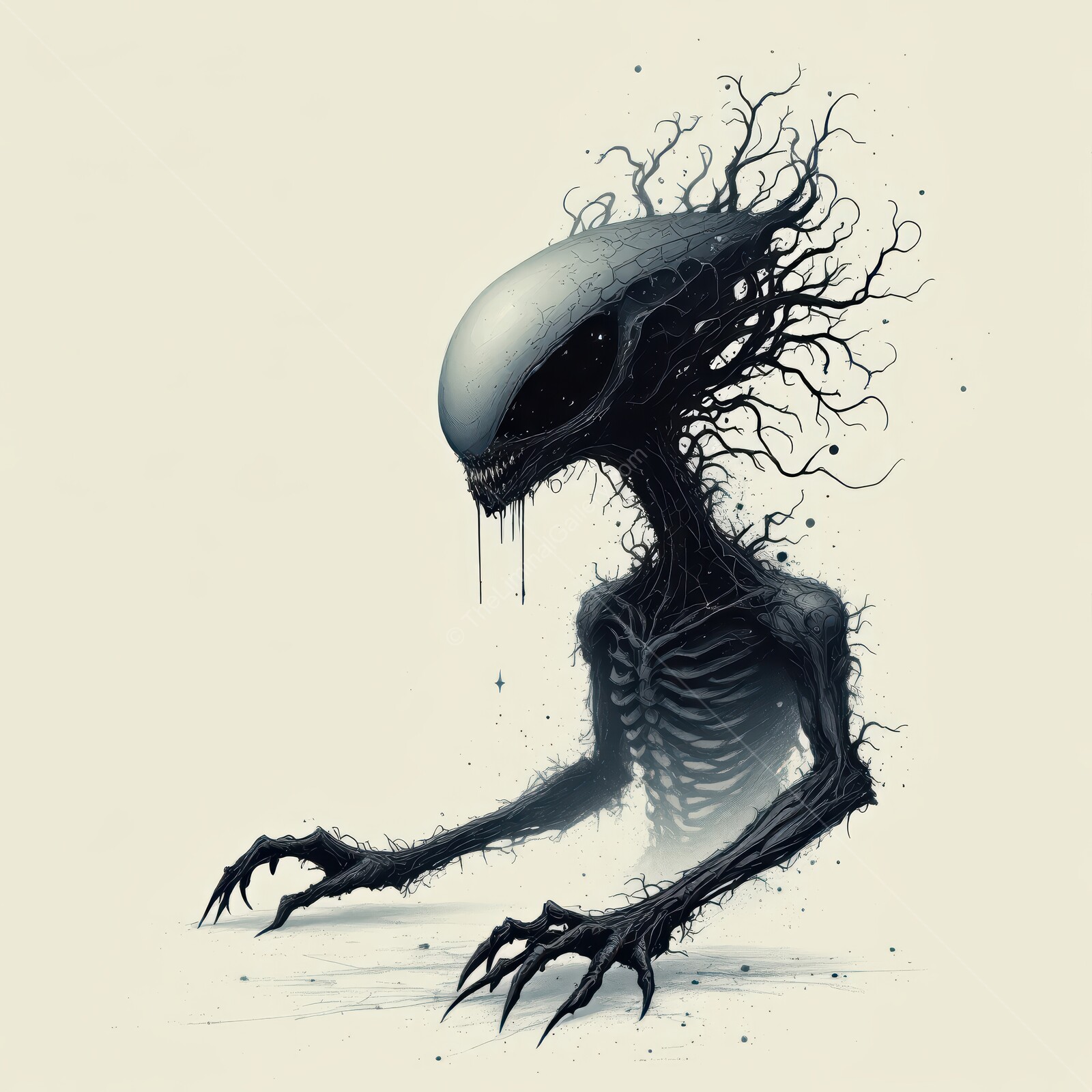 Eerie alien emerges from shadows in desolate, unsettling environment of liminal horror