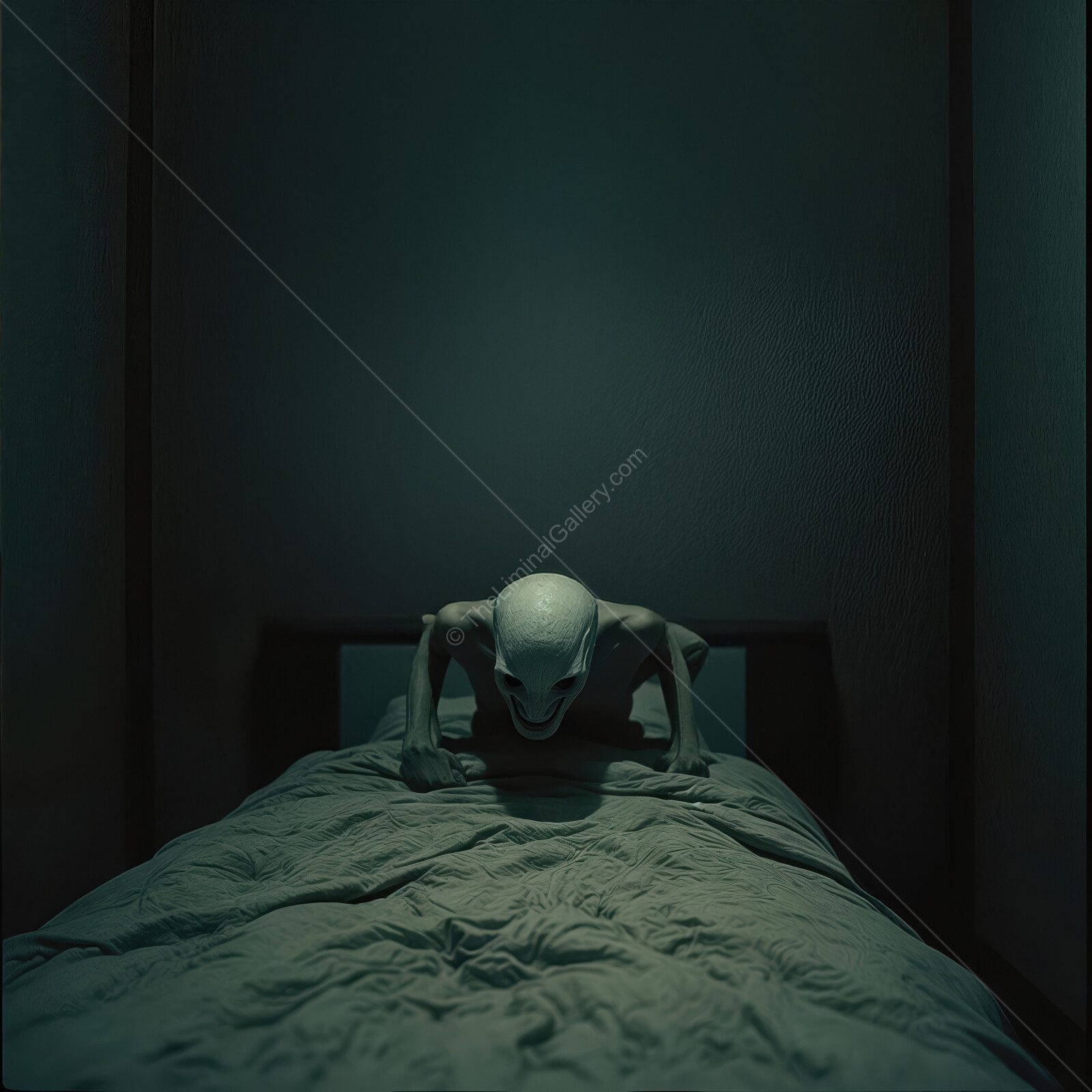 Eerie alien crawls on a bed in an unsettling, dimly lit room filled with dread and unease