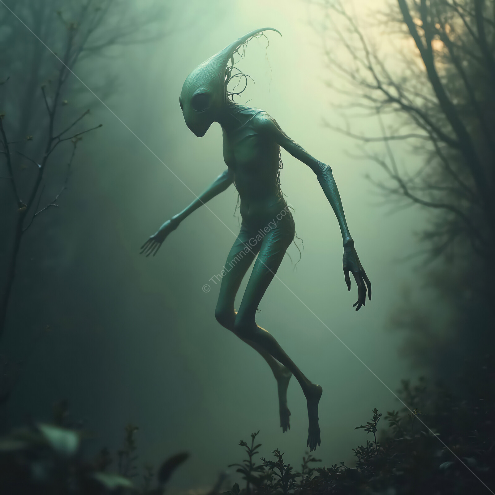 Eerie alien figure hovers in misty forest at twilight, embodying the essence of liminal horror
