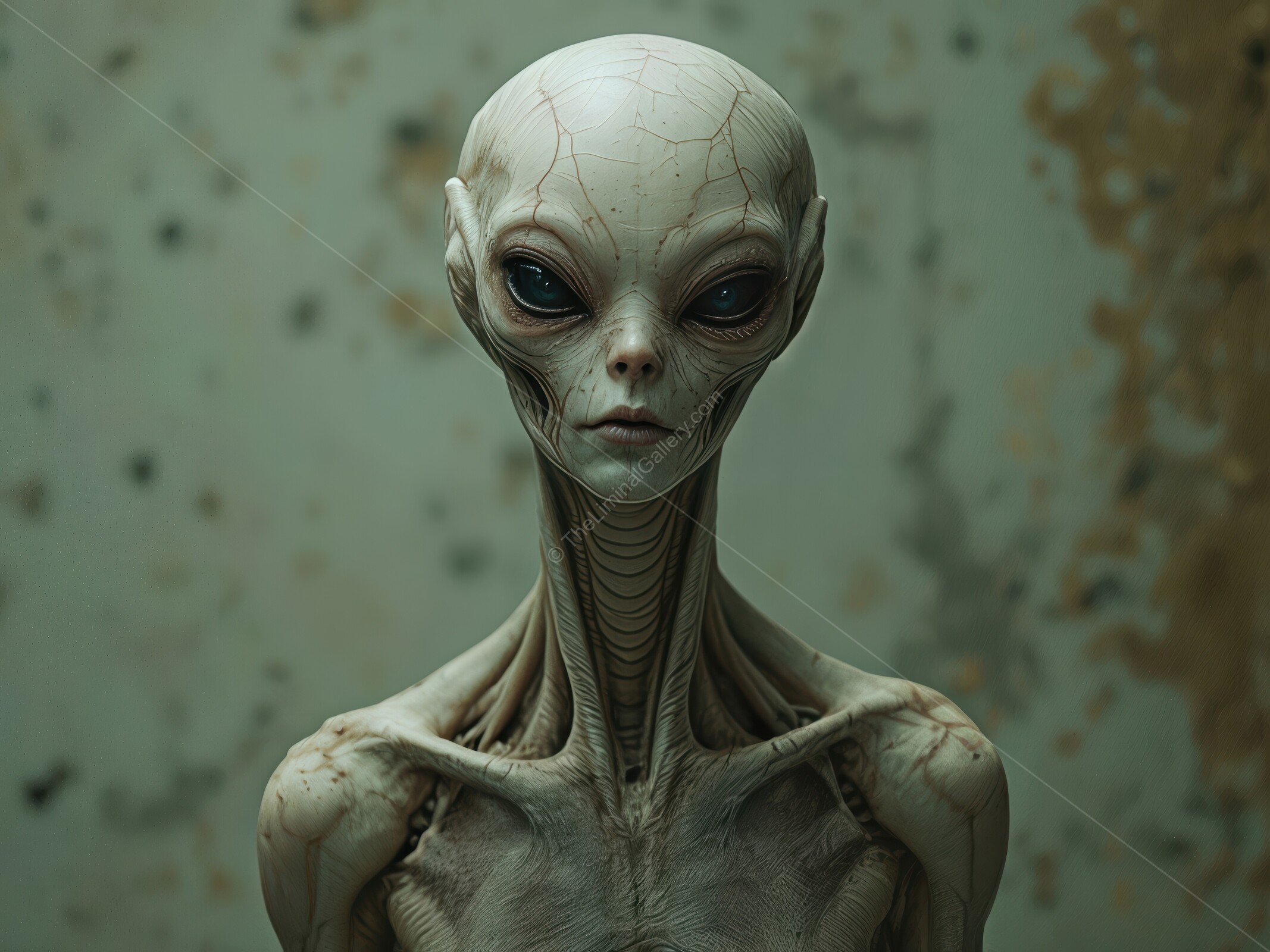Eerie alien presence in a dilapidated room at twilight evokes unsettling feelings of fear and mystery