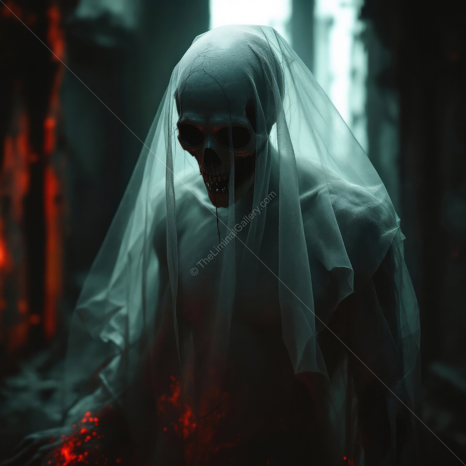 Eerie apparition roams through abandoned corridors shrouded in darkness and despair at twilight