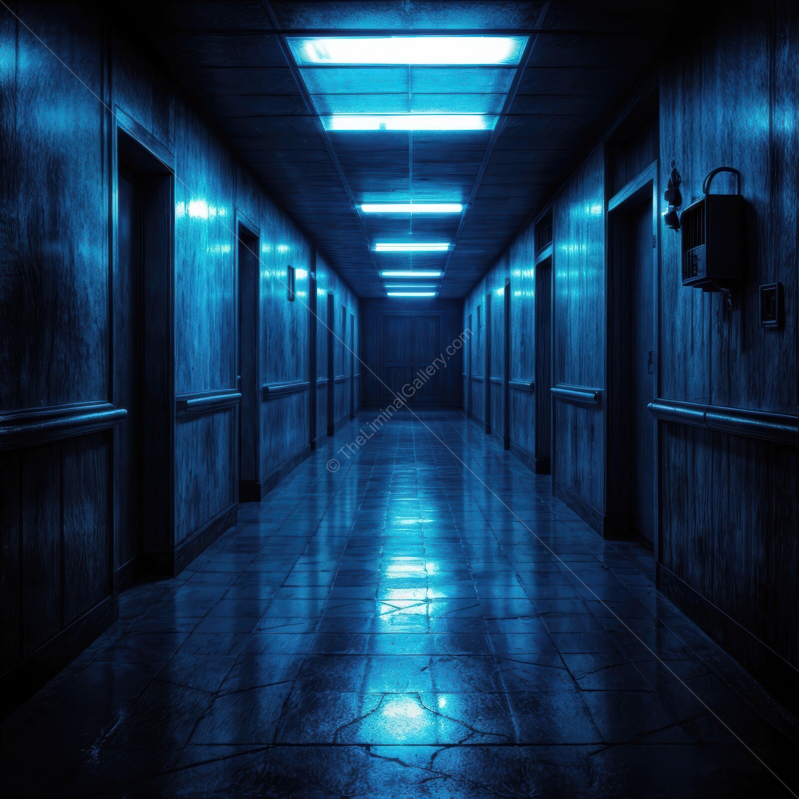 Exploring an eerie blue-lit corridor echoing with unsettling silence in a forgotten building