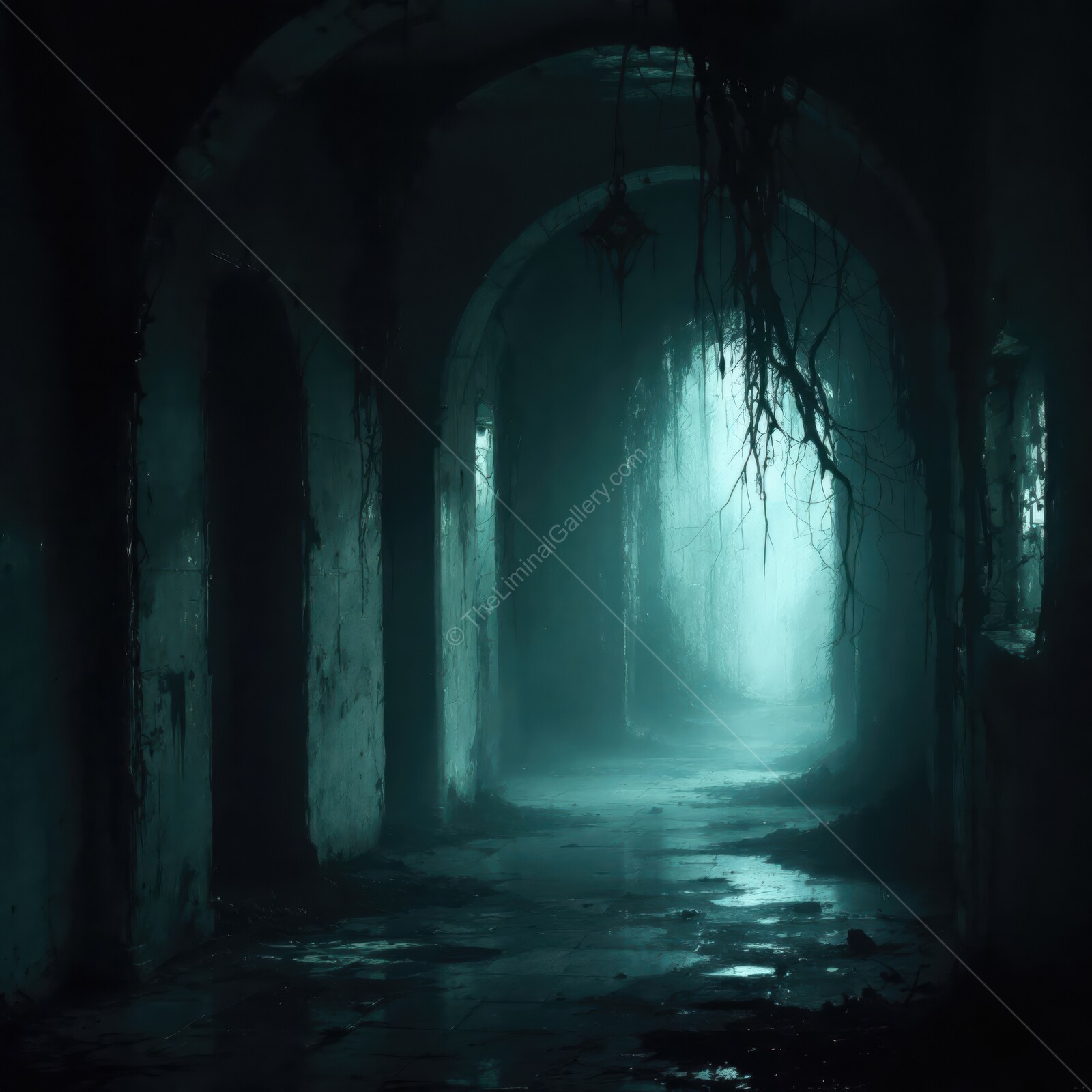 Eerie corridor shrouded in shadows and mist evokes unsettling feelings of isolation and dread