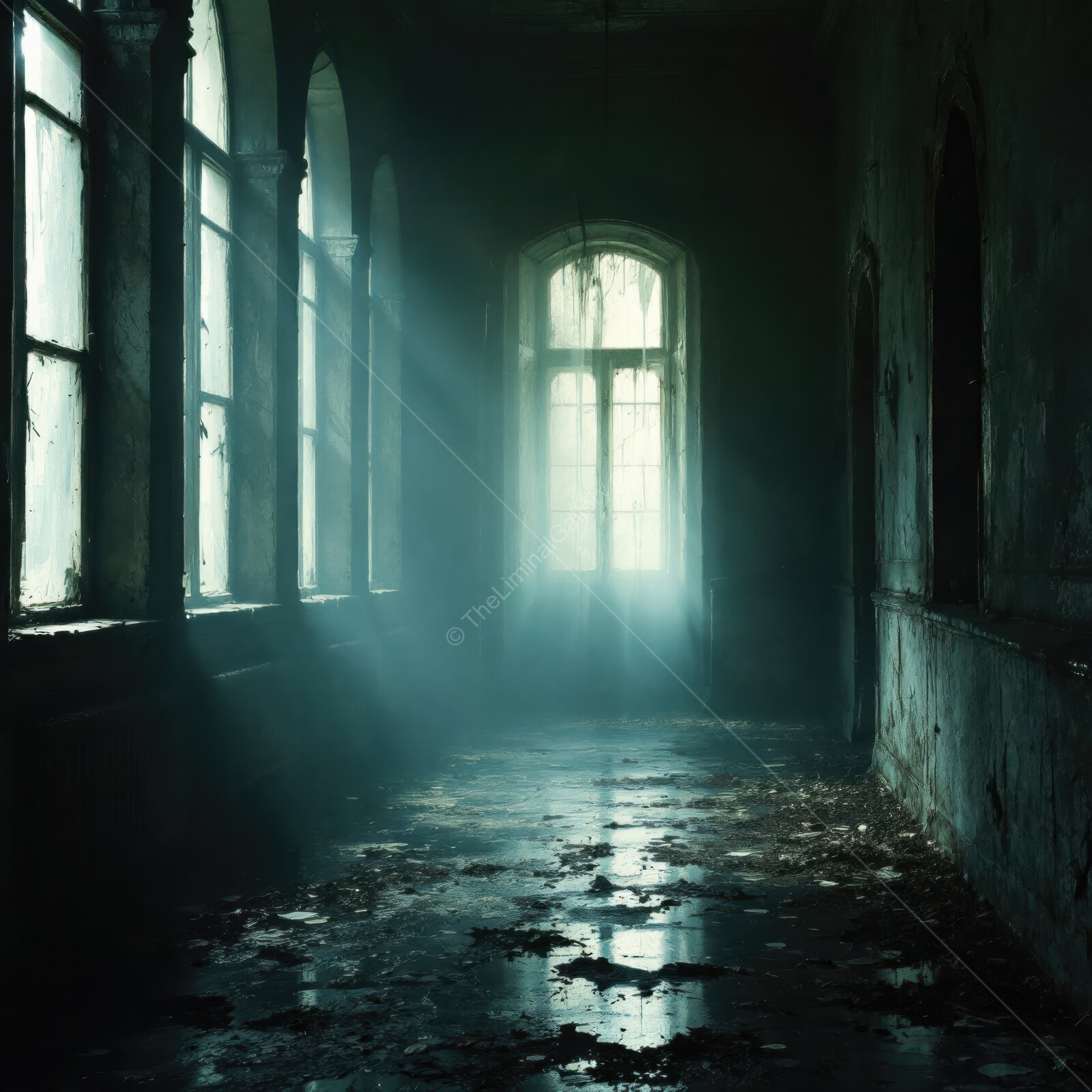 Eerie shadows dance in desolate hallway bathed in dim light of a decaying building at dusk