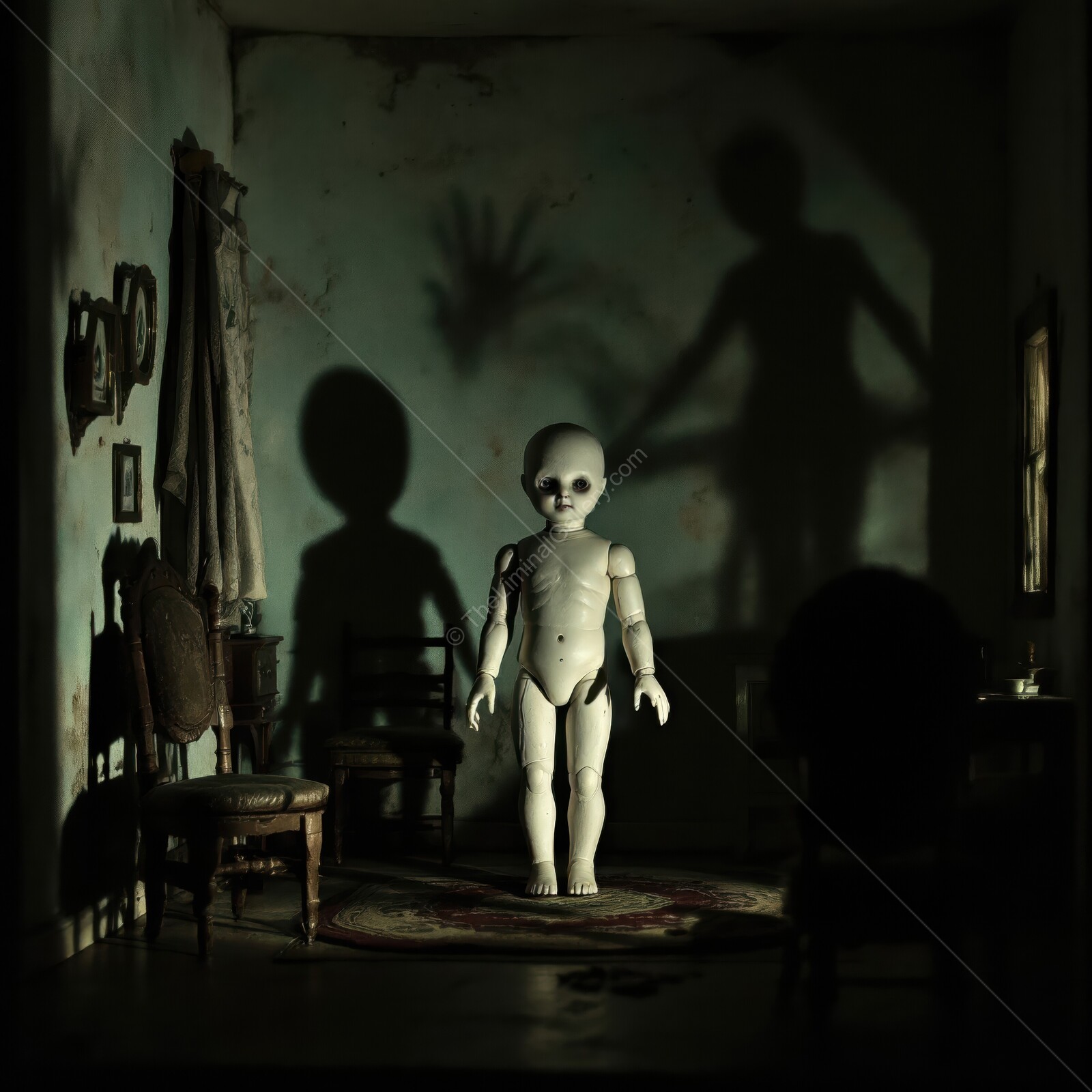 Eerie doll in dimly lit room casting ominous shadows of unsettling figures