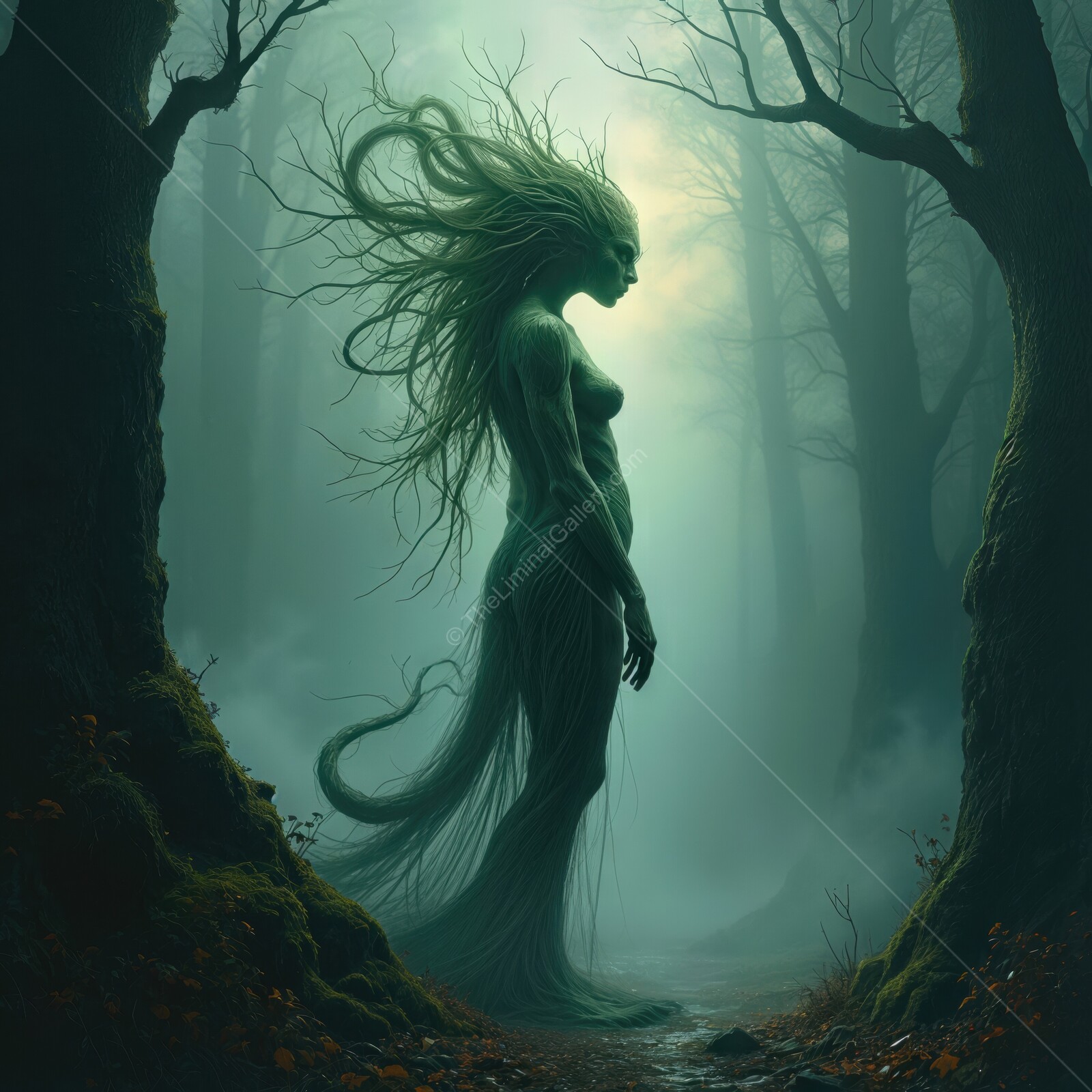 Eerie female Medusa-lika figure stands silently in a foggy forest, embodying the essence of liminal horror