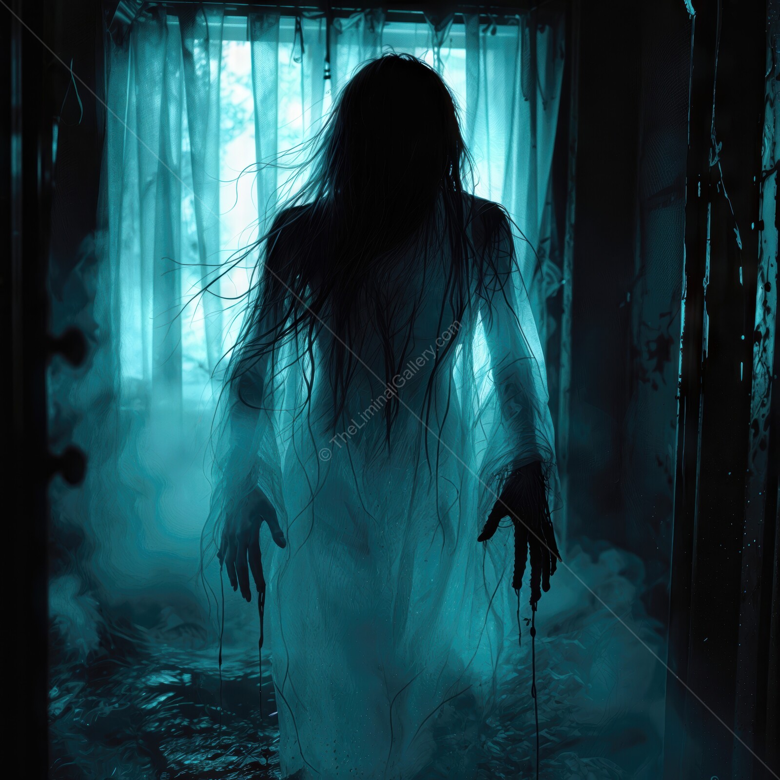 Eerie apparition wanders through a foggy, abandoned room at dusk