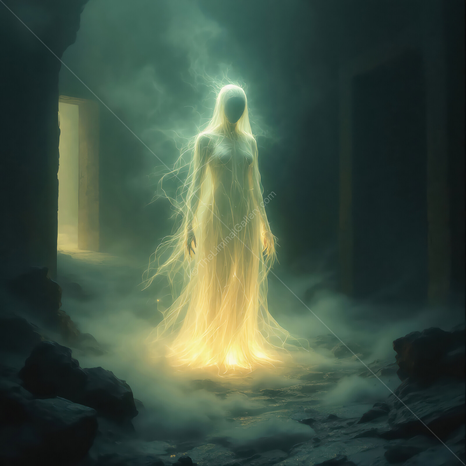 Eerie figure emerges in a foggy, abandoned space depicting liminal horror at twilight