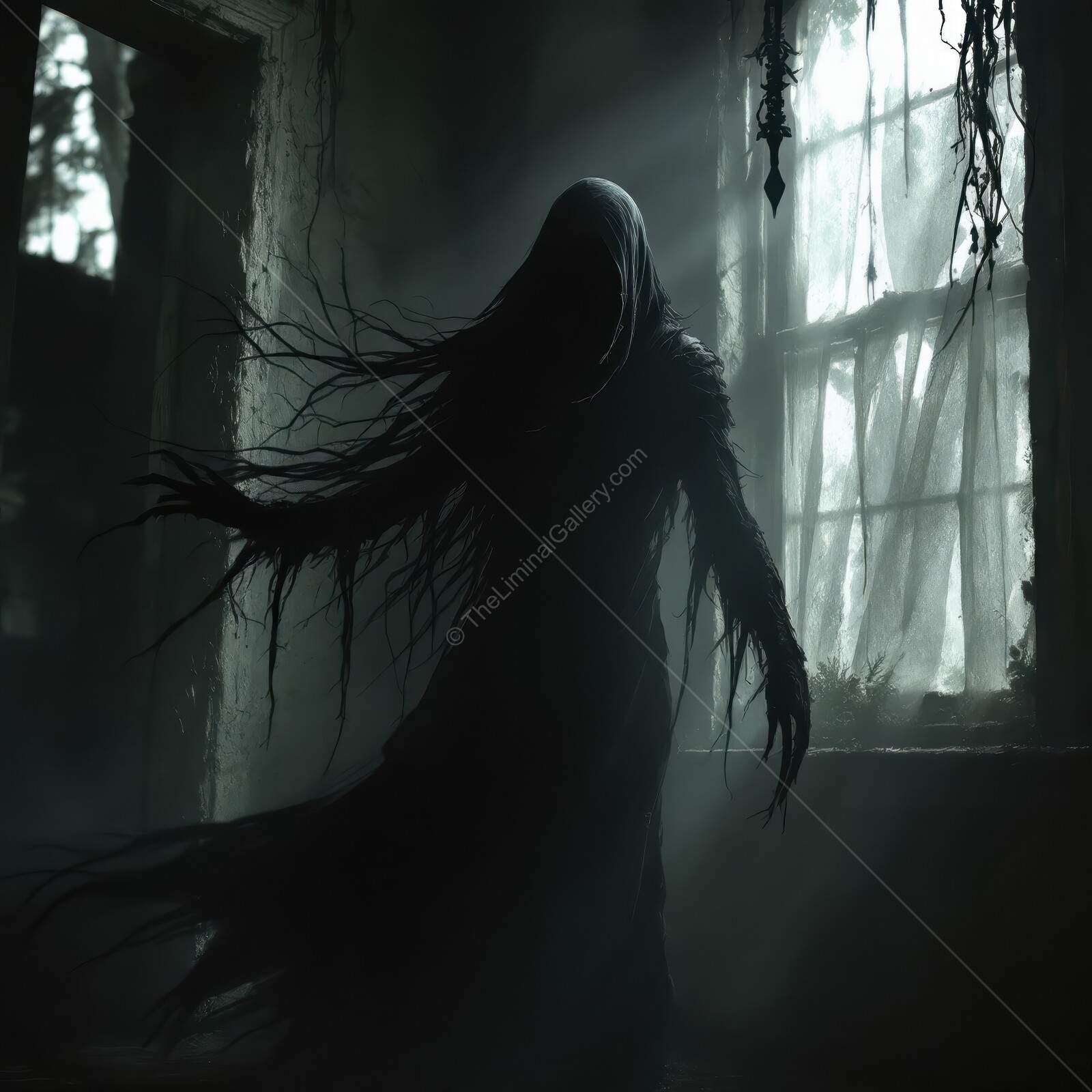 Eerie figure looms in abandoned space evoking feelings of dread and isolation at twilight