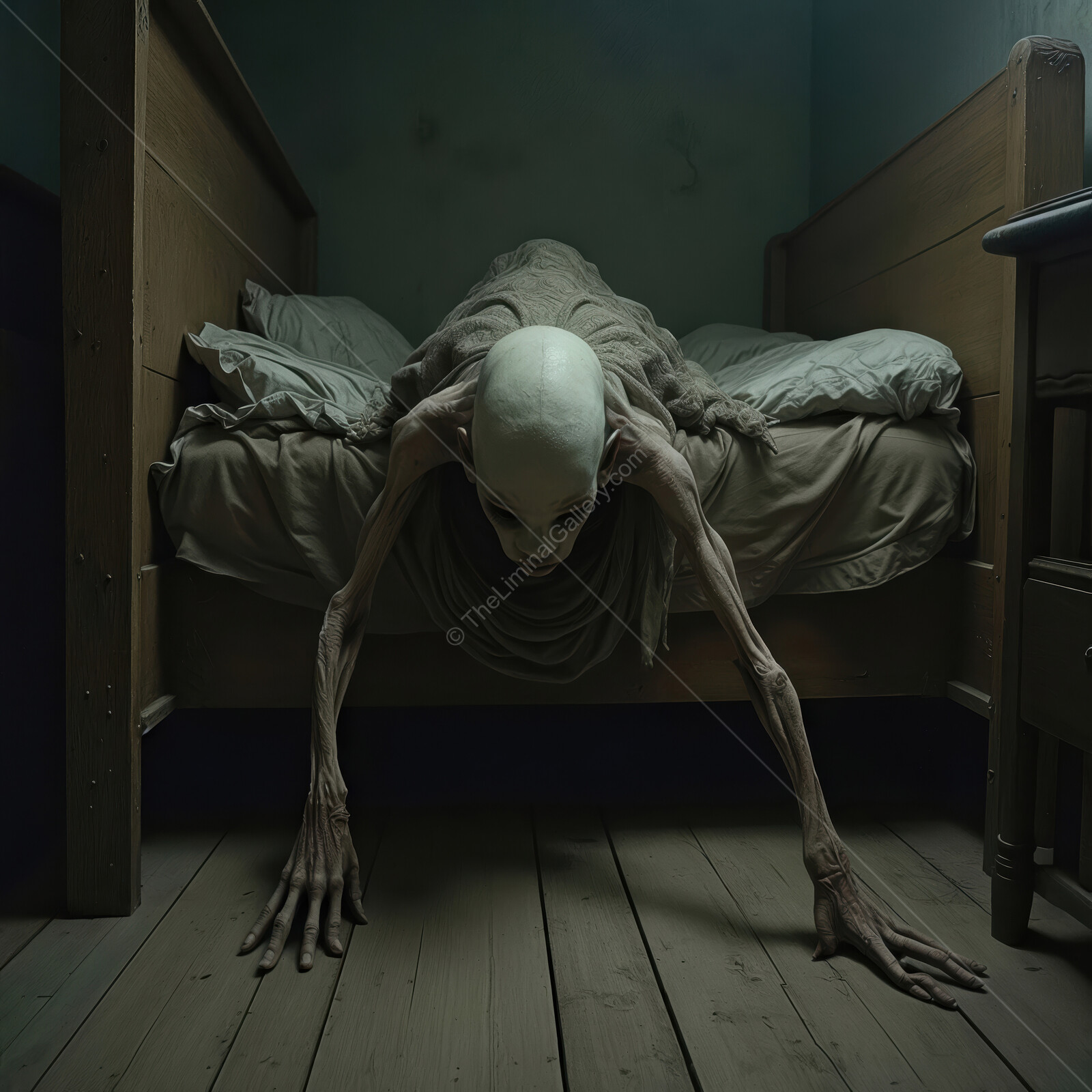 Eerie presence emerges from the shadows of a dimly lit, unsettling bedroom during an uncanny, late-night hour
