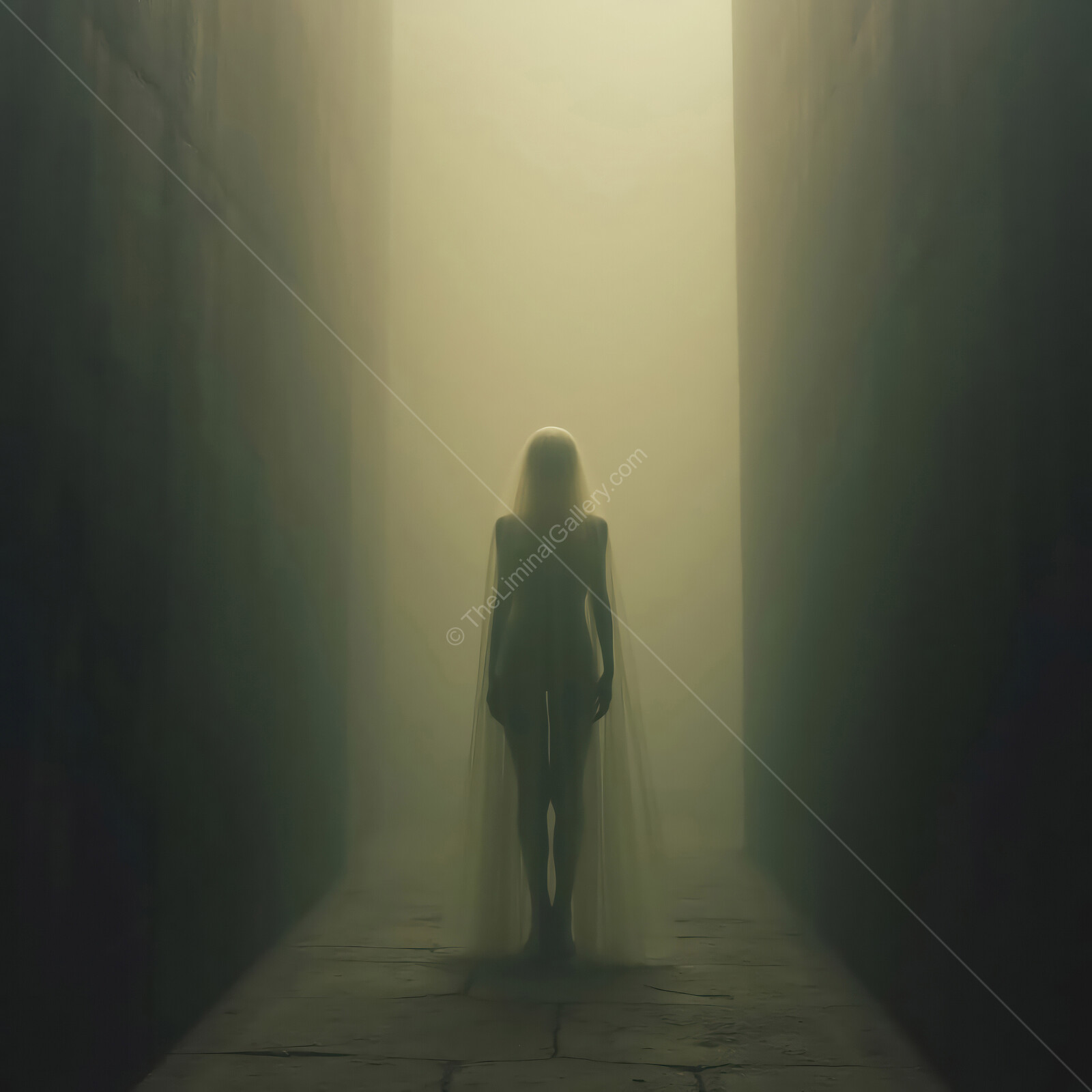 Eerie figure emerges from fog in desolate corridor evoking unsettling feelings of liminal horror and isolation