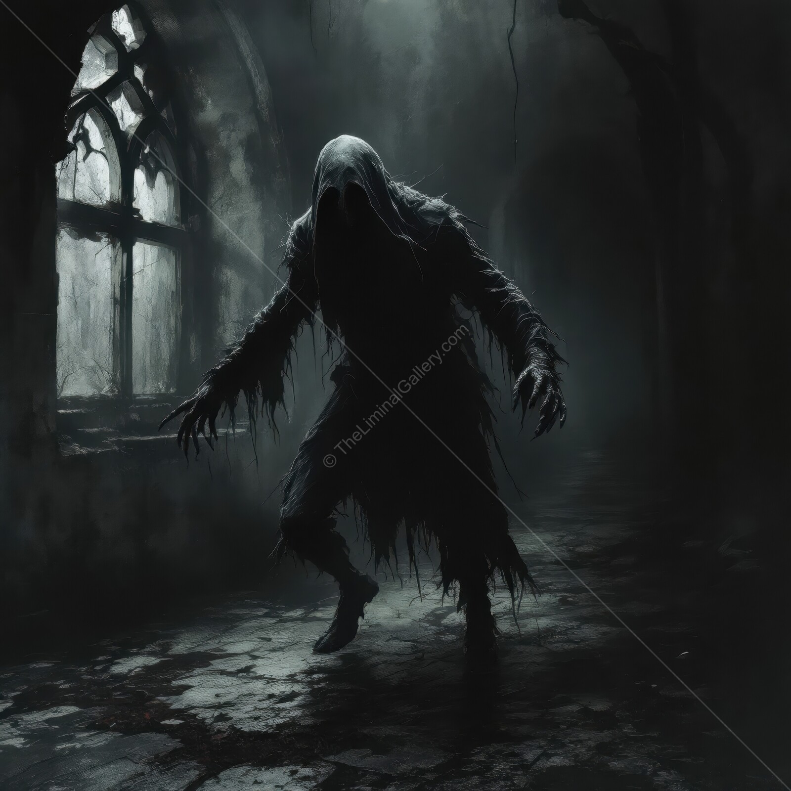 Eerie figure looms in decaying corridor of abandoned building at dusk, evoking unsettling feelings of dread