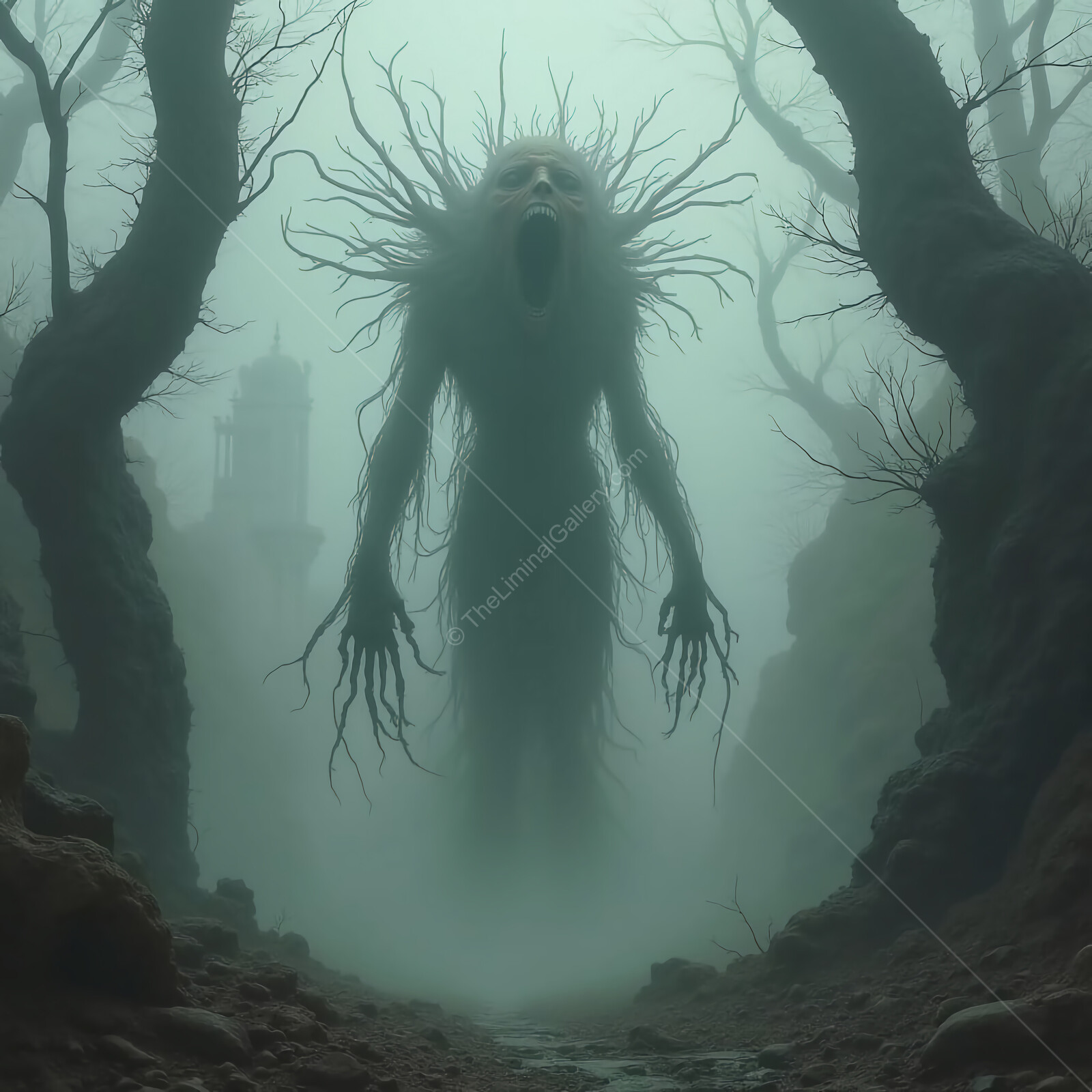 Eerie figure emerges from fog in abandoned forest during twilight hours