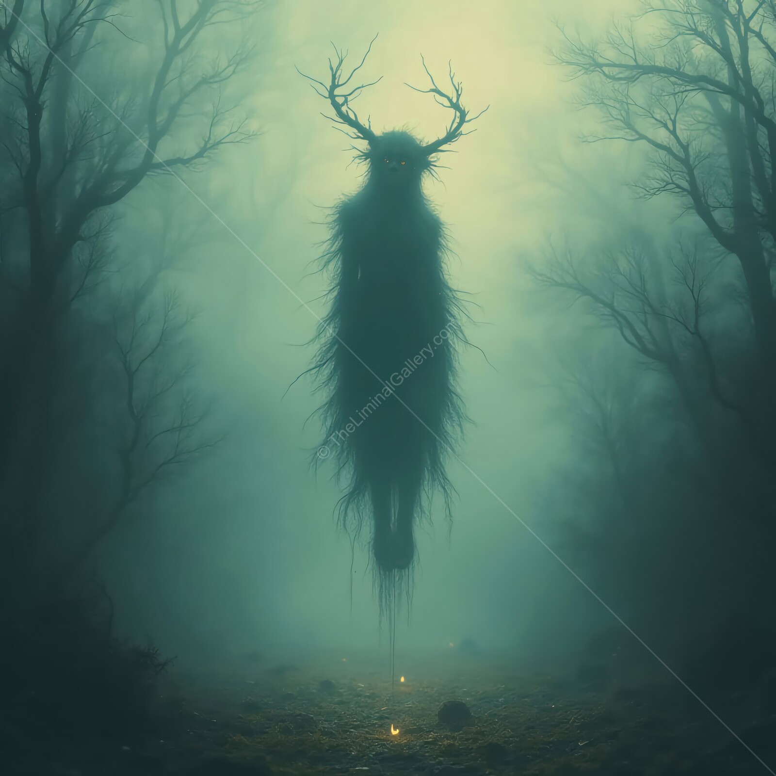 Eerie figure looms in a foggy forest at twilight, embodying the essence of liminal horror