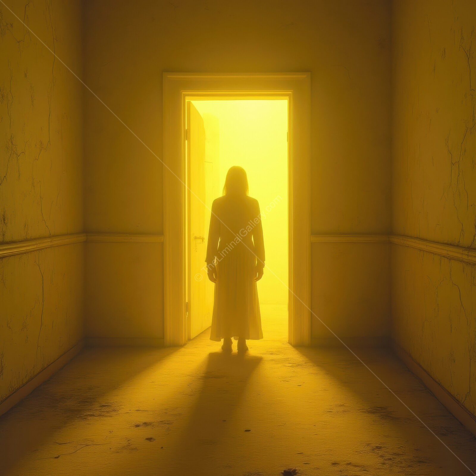 Eerie figure stands in a dimly lit hallway before an unsettling amber glow