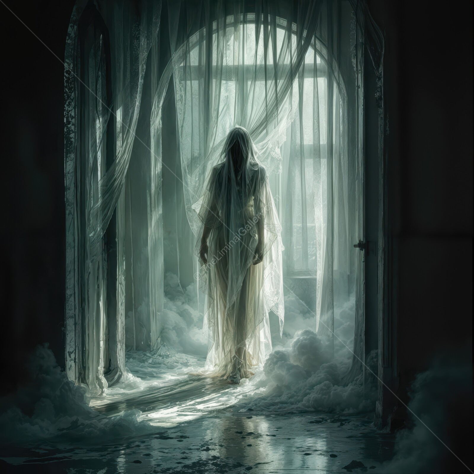 Eerie figure in a misty, abandoned space shrouded in translucent fabric during an unsettling twilight