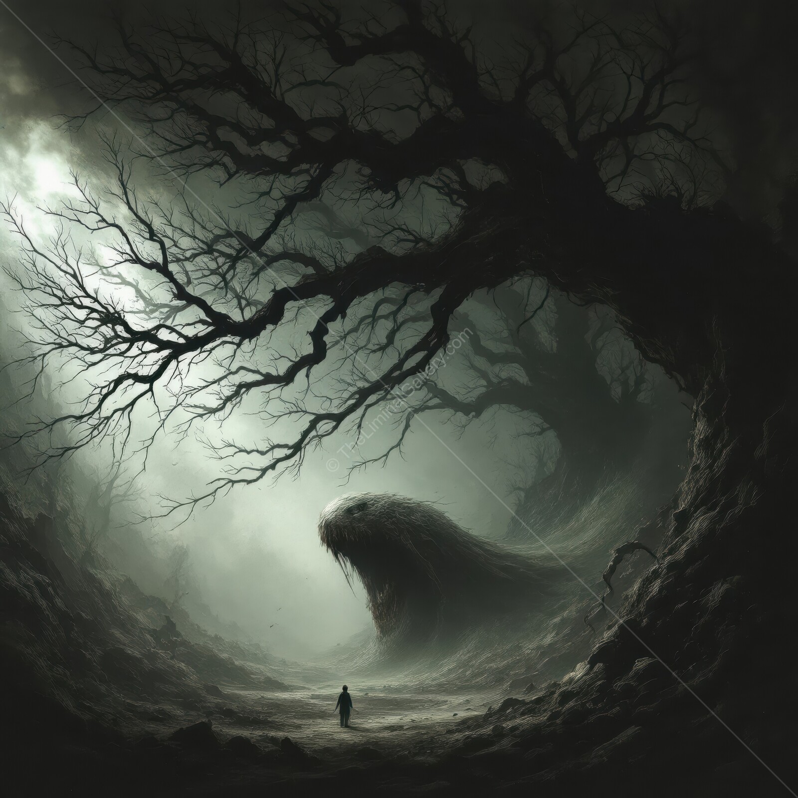 Eerie figure confronts monstrous shadow in a surreal forest landscape at dusk