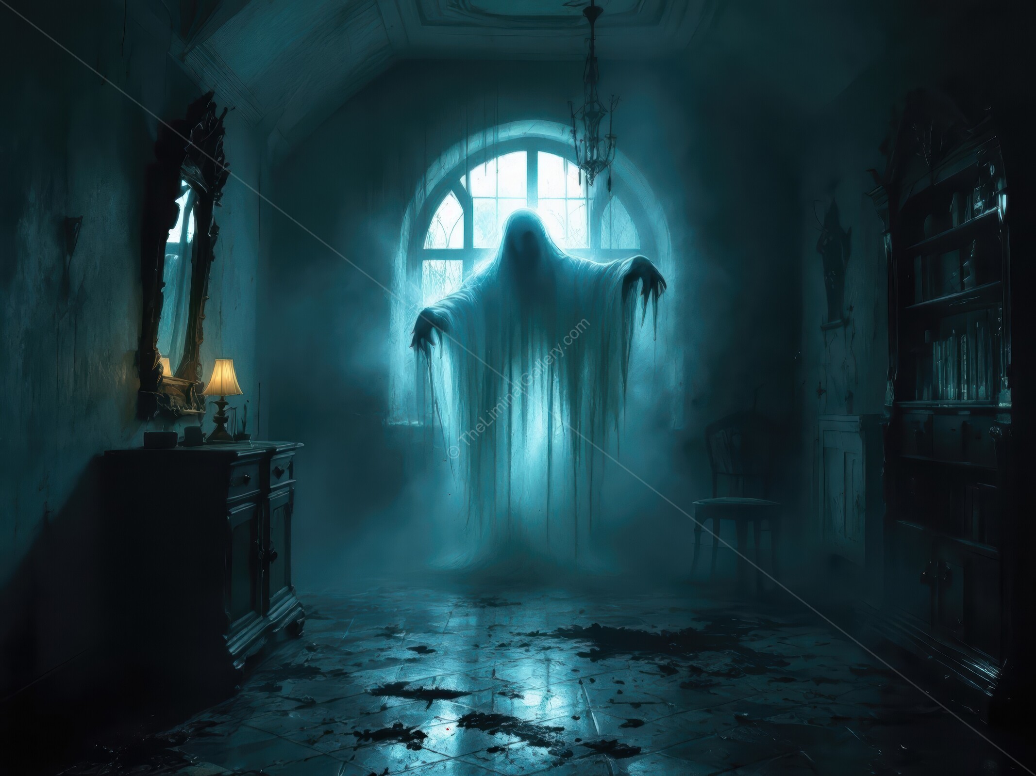 Eerie ghost in an abandoned mansion at twilight evokes a chilling sense of dread and unease