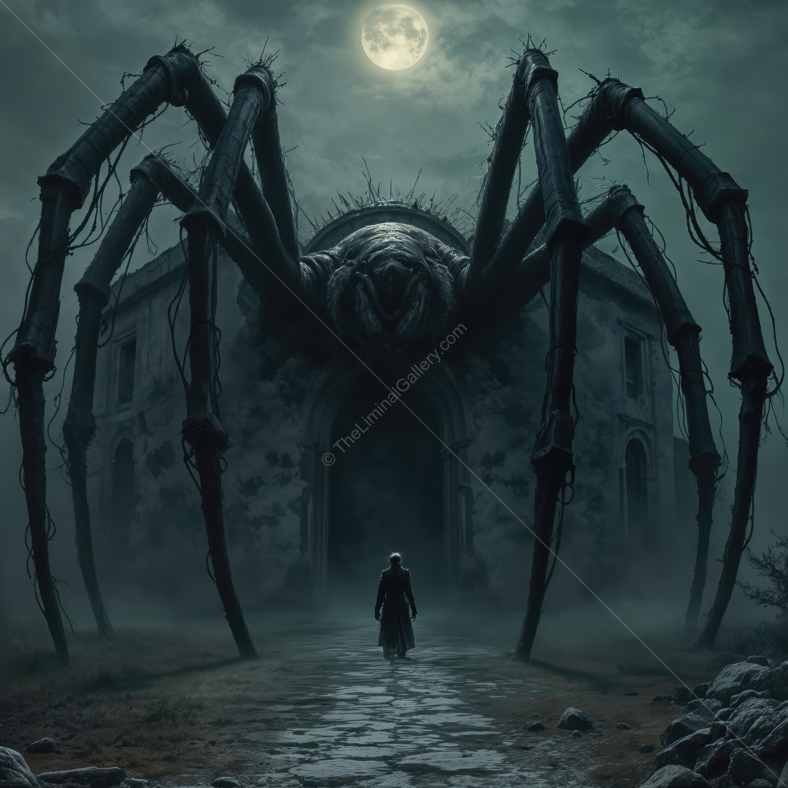 Exploring eerie ruins at midnight with a colossal spider lurking above