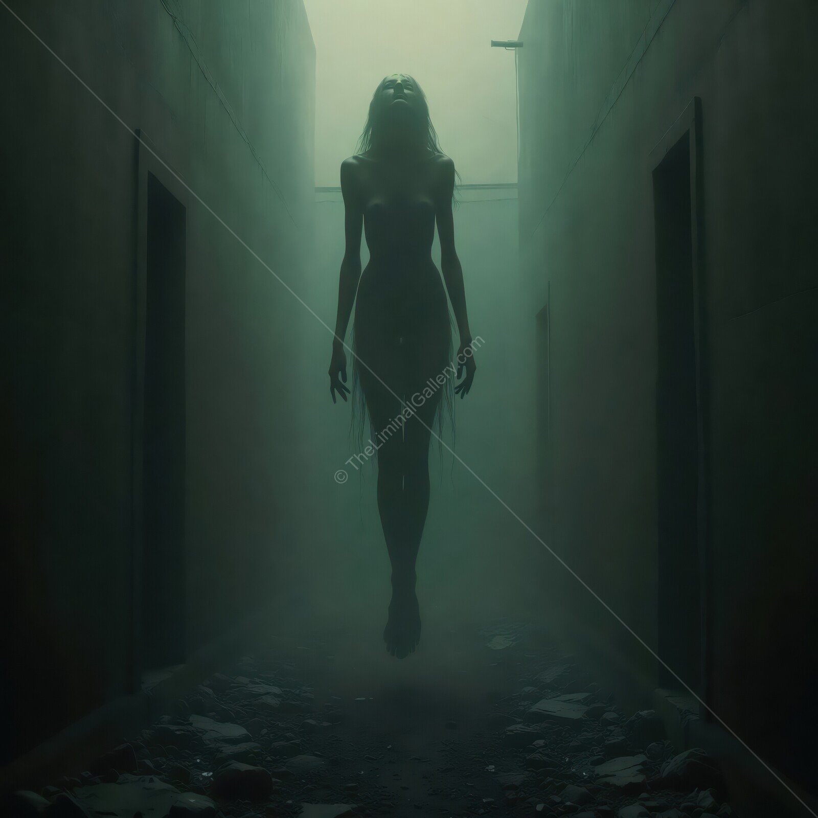 Eerie figure hovers in a foggy corridor surrounded by desolate doorways and shadows