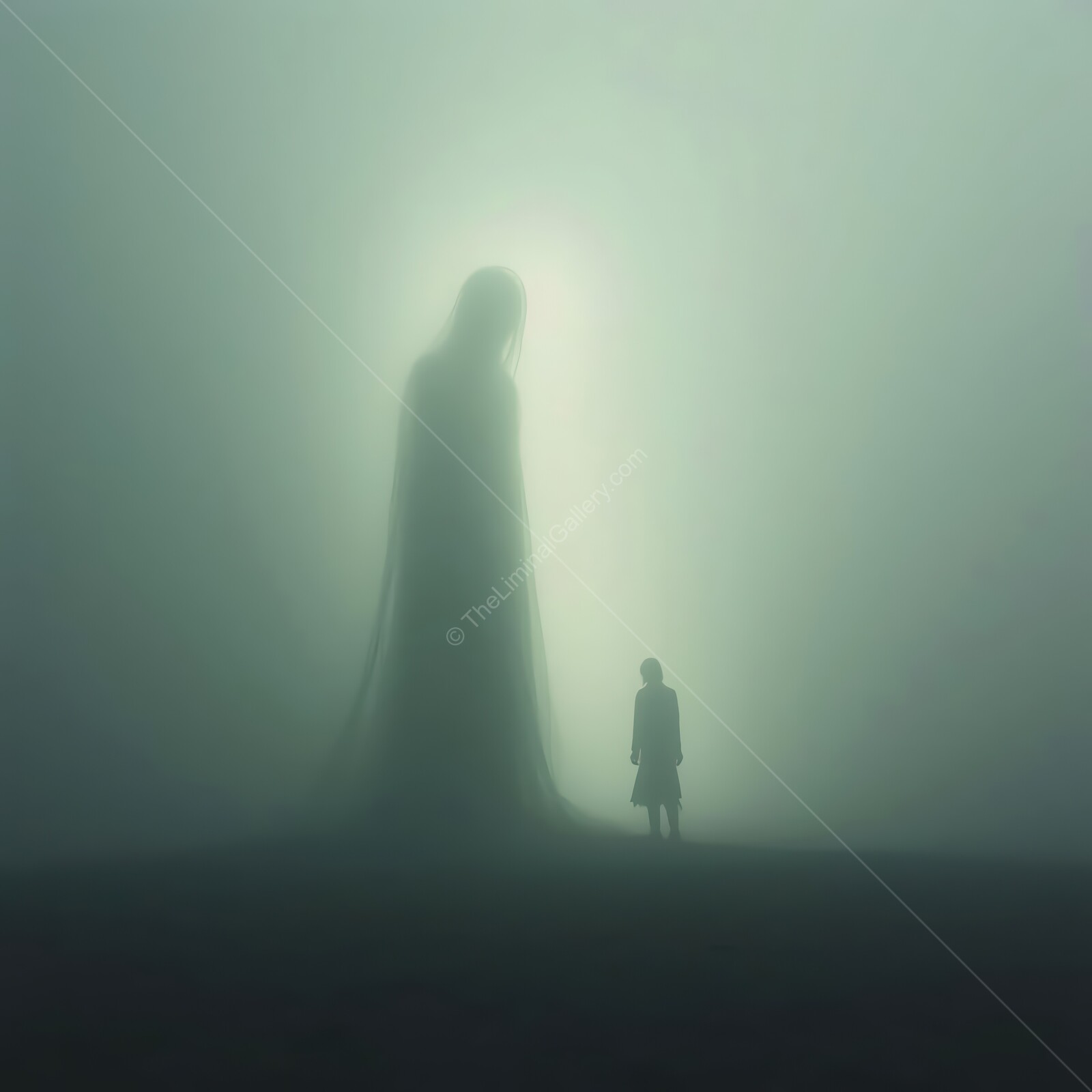 Eerie large spirit emerge from a foggy landscape, creating an unsettling atmosphere of dread at twilight