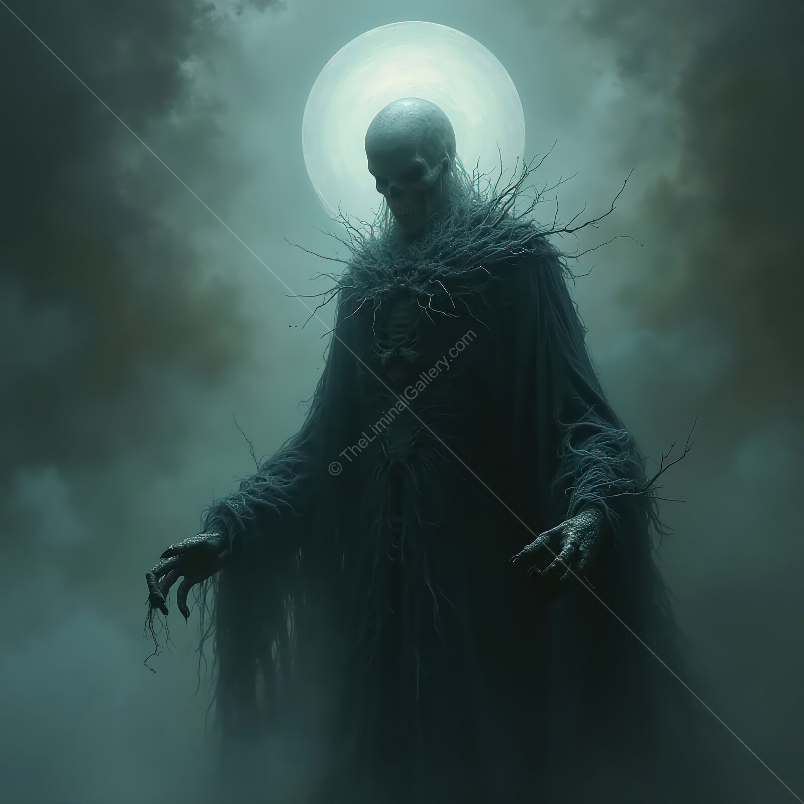 Eerie lich figure shrouded in darkness under a luminous moon in a haunting landscape