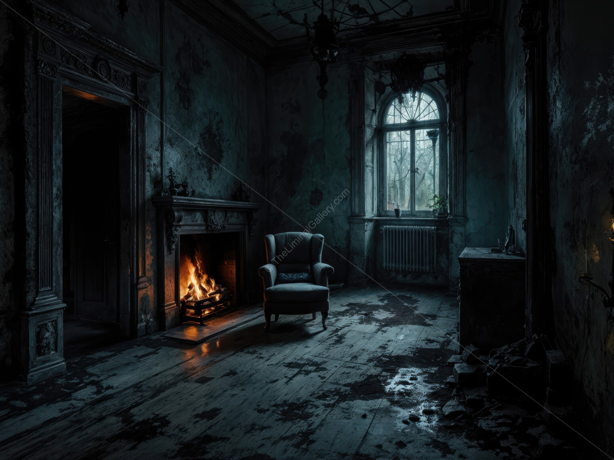 Dimly lit, abandoned room with eerie ambiance and flickering fire draws you into a liminal horror experience