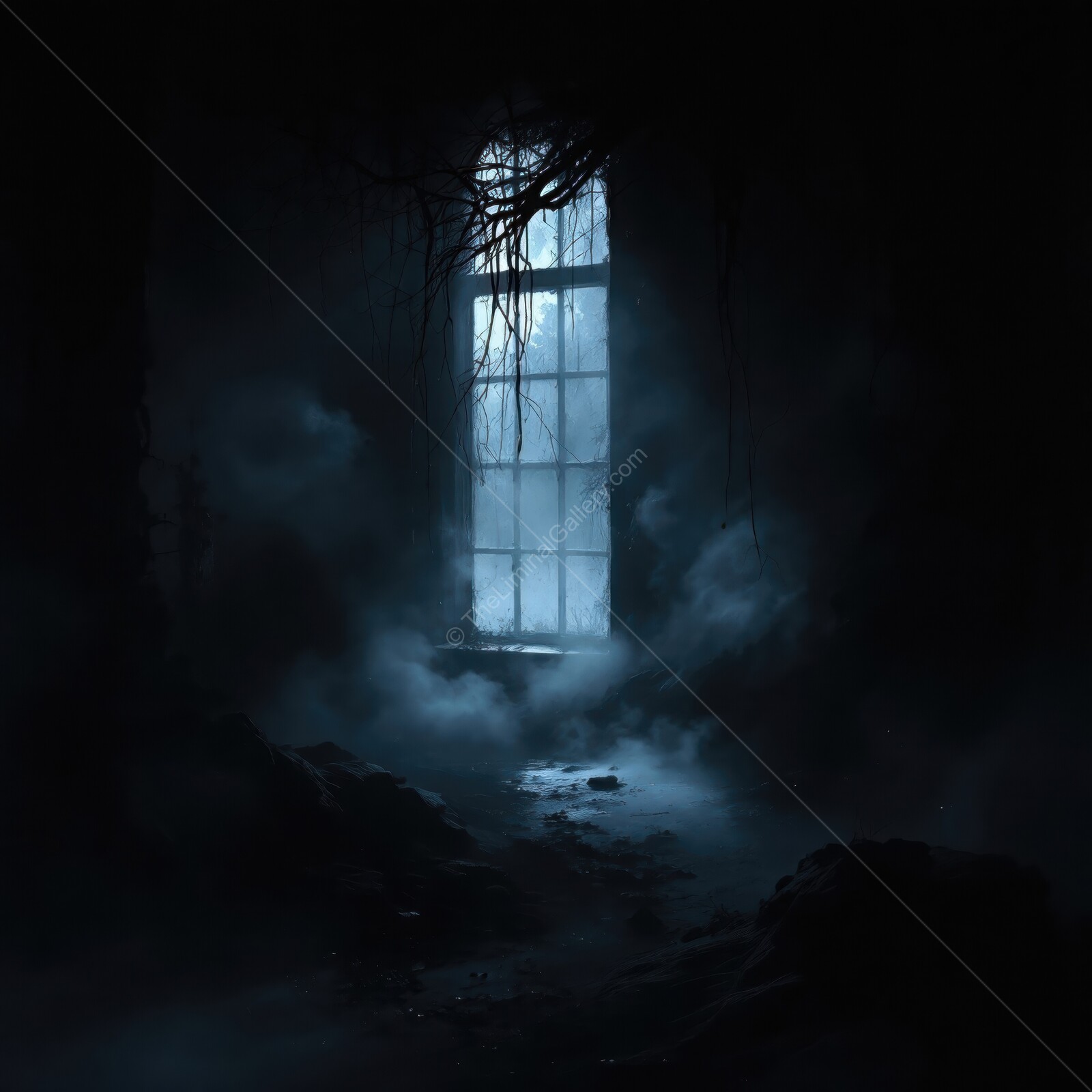 Eerie light filters through a cracked window in a dark, abandoned space filled with shadows