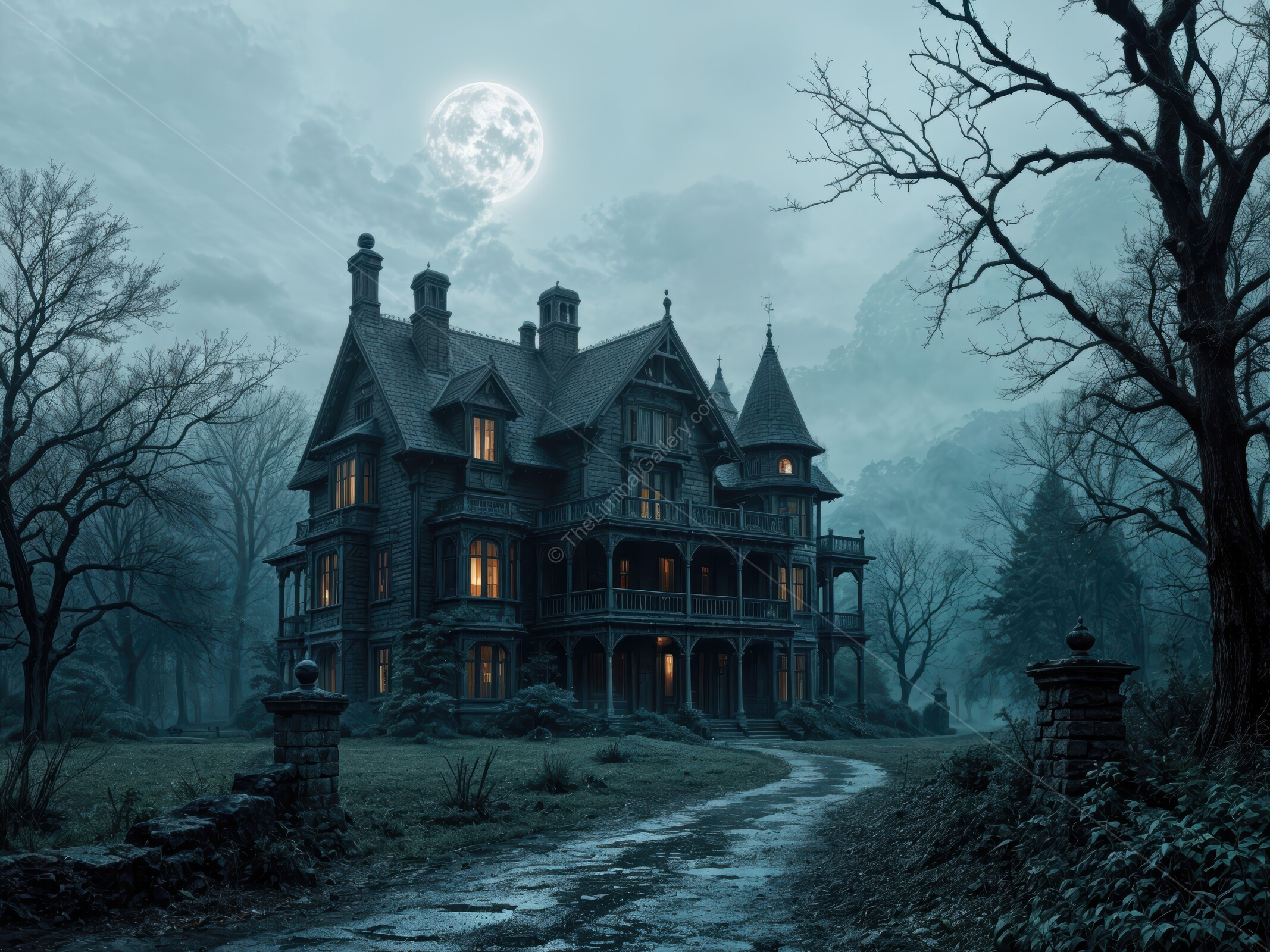 Shadows loom as an eerie haunted mansion stands shrouded in mist under a full moon in a haunting landscape of dread
