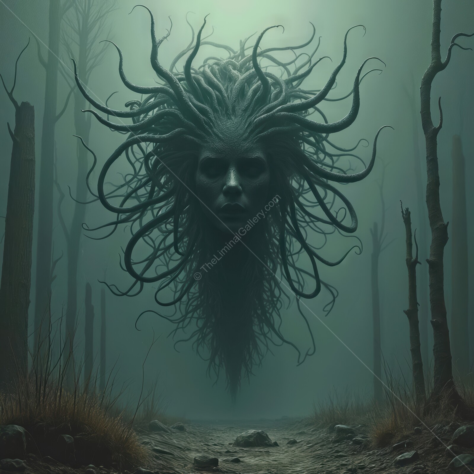Eerie Medusa head with serpentine hair looms in a foggy forest at dusk